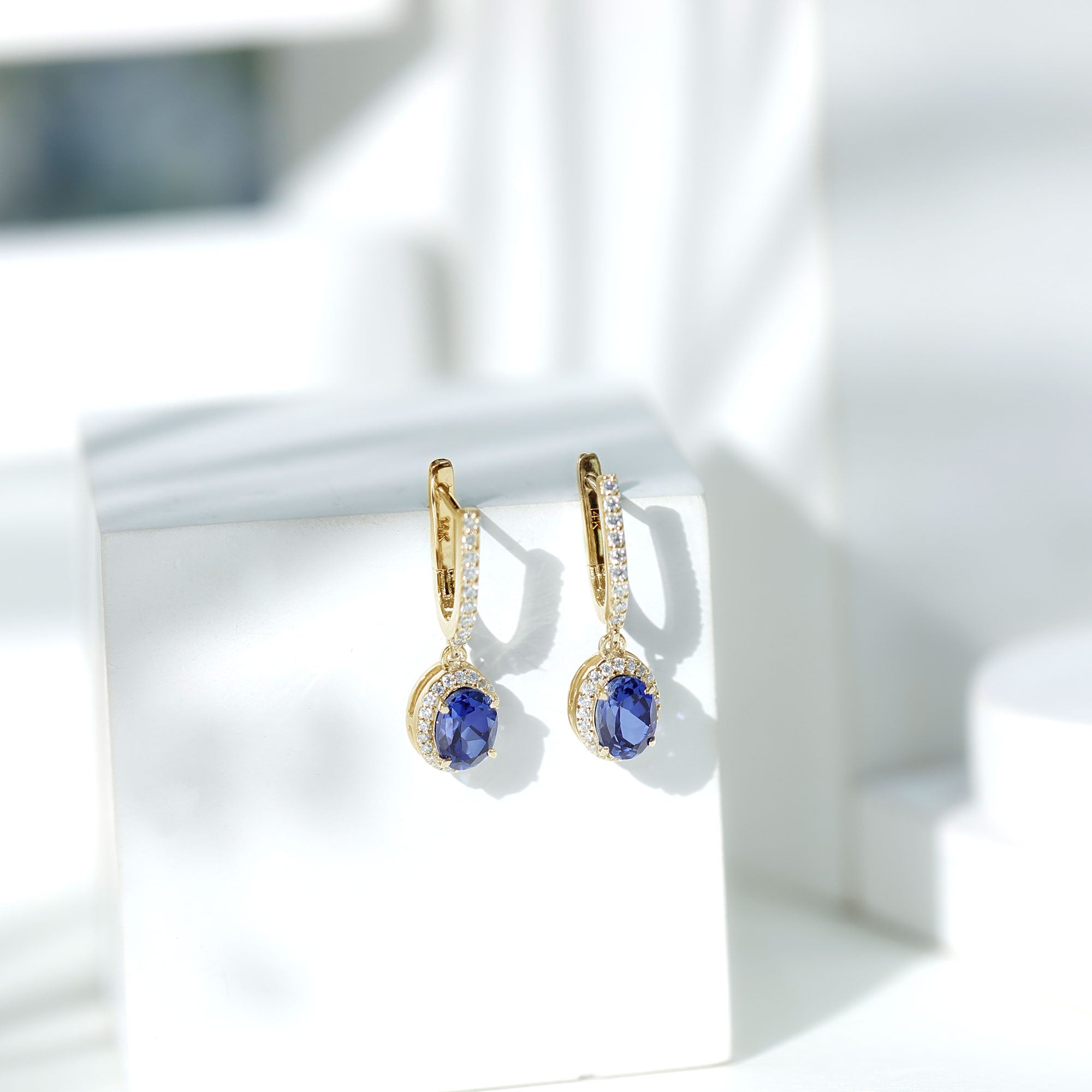 Lab Grown Blue Sapphire Hoop Drop Earrings with Moissanite Halo AAAA - Rosec Jewels