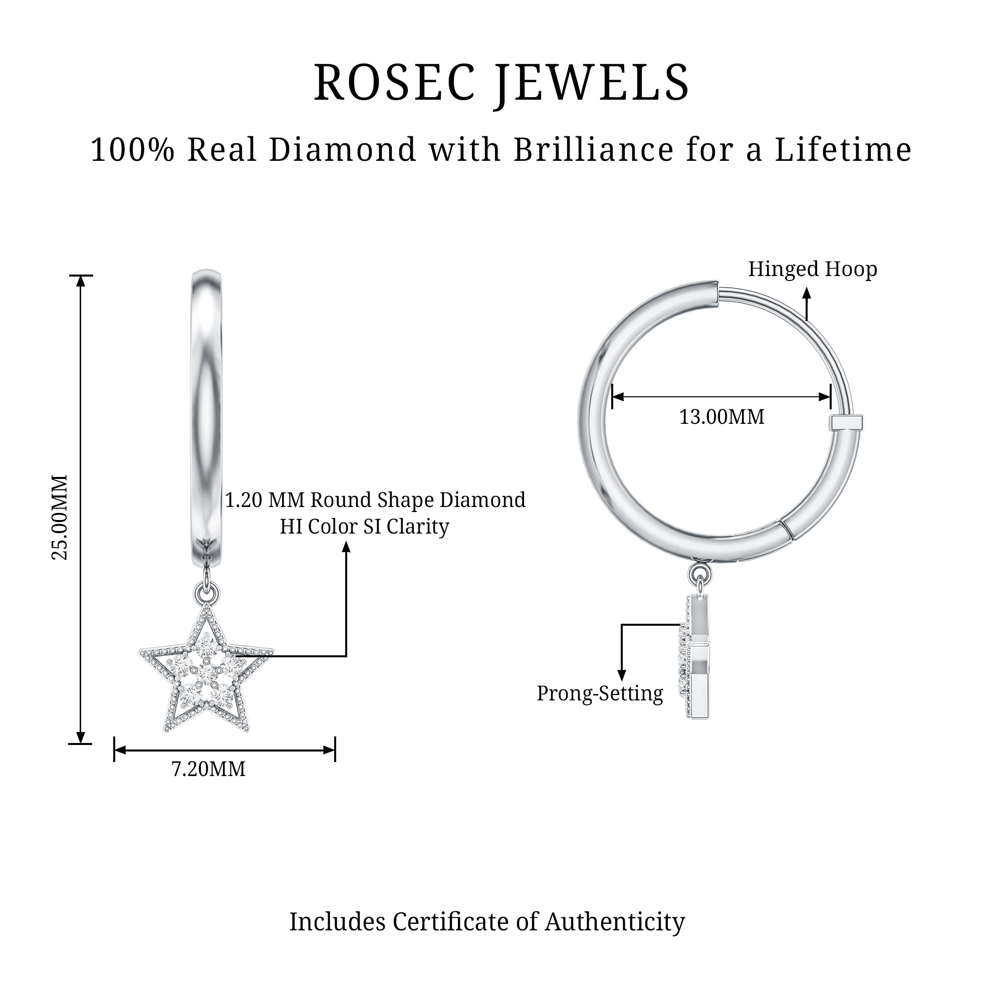 Diamond Star Drop Hoop Earrings Natural - ( HI-SI ) - Rosec Jewels