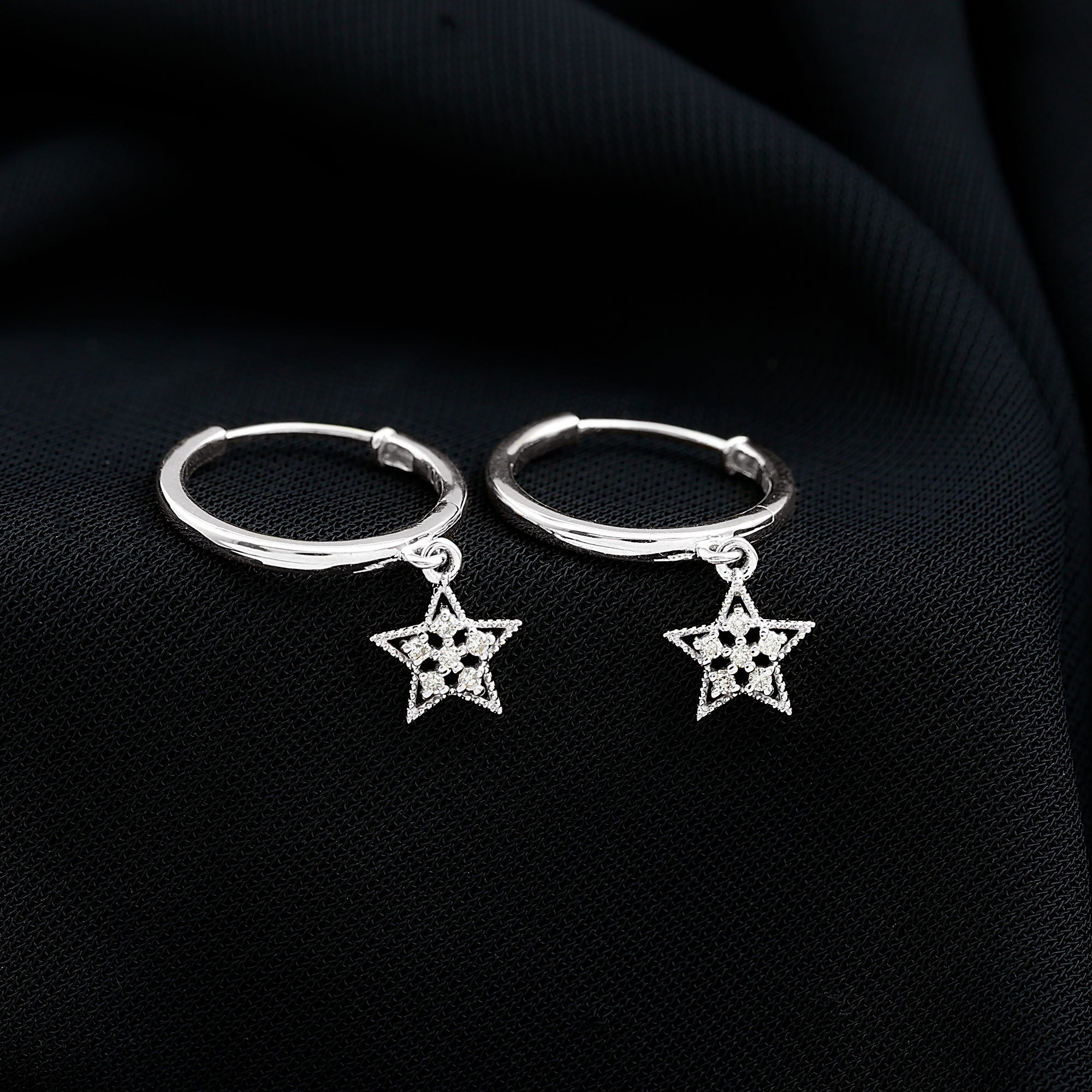 Diamond Star Drop Hoop Earrings Natural - ( HI-SI ) - Rosec Jewels