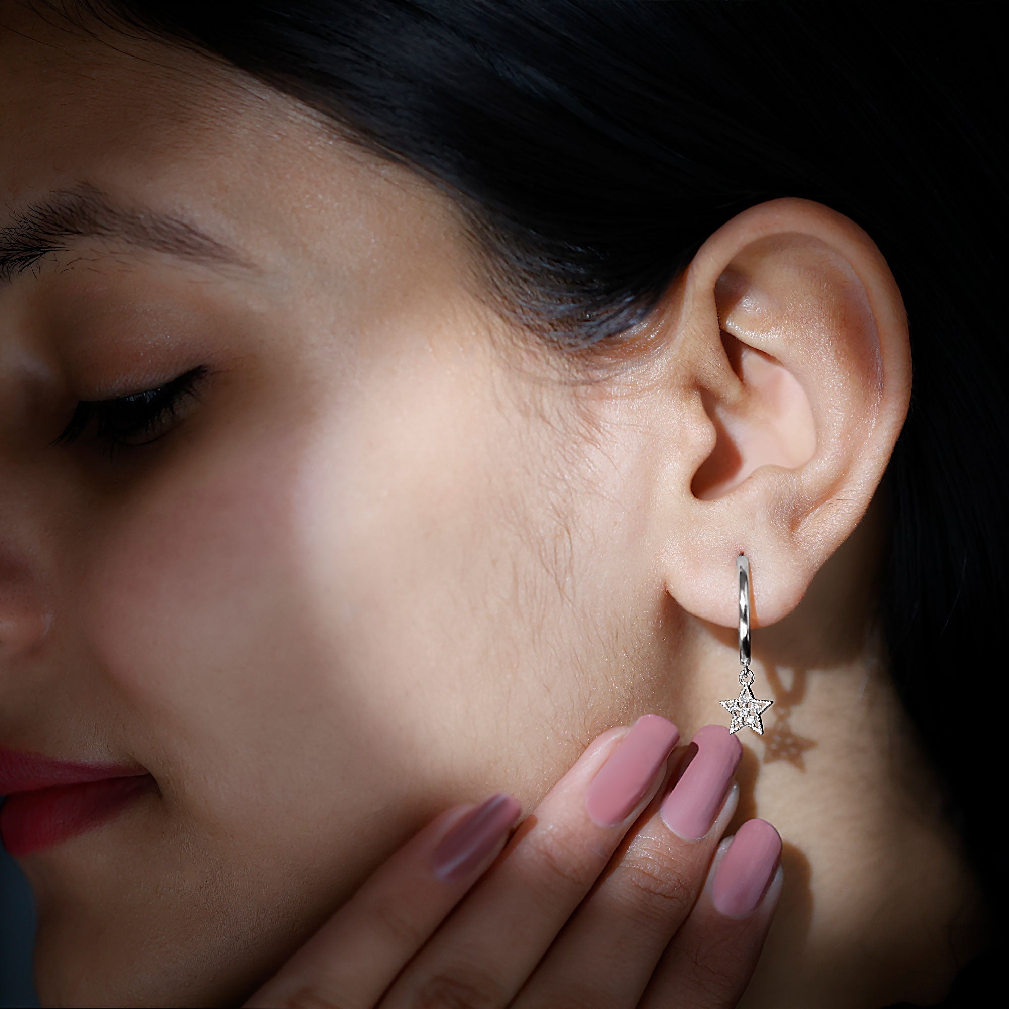 Diamond Star Drop Hoop Earrings Natural - ( HI-SI ) - Rosec Jewels