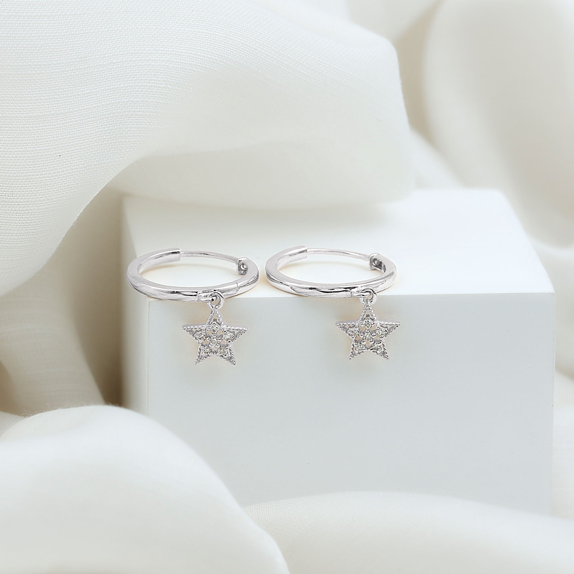 Diamond Star Drop Hoop Earrings Natural - ( HI-SI ) - Rosec Jewels