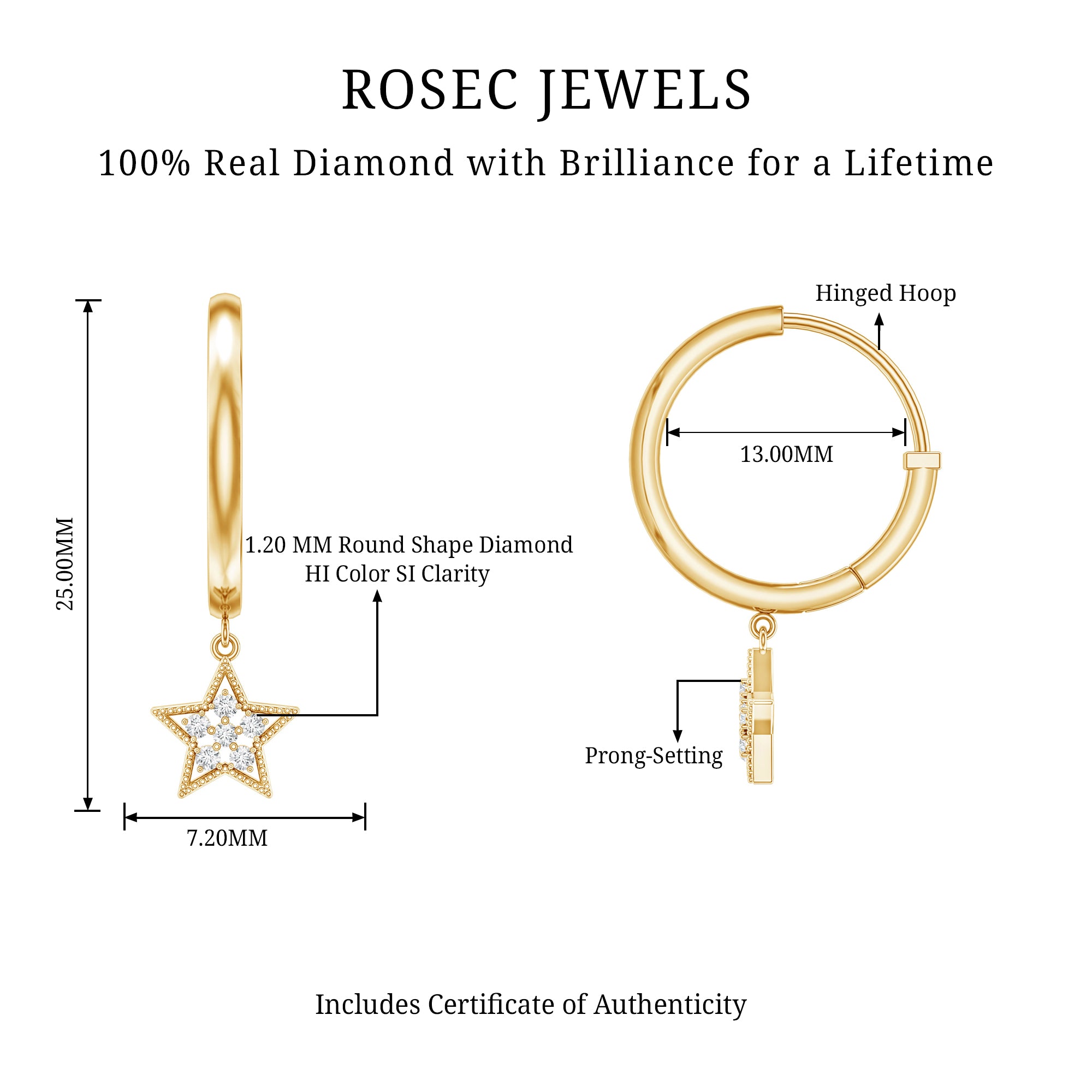 Diamond Star Drop Hoop Earrings Natural - ( HI-SI ) - Rosec Jewels