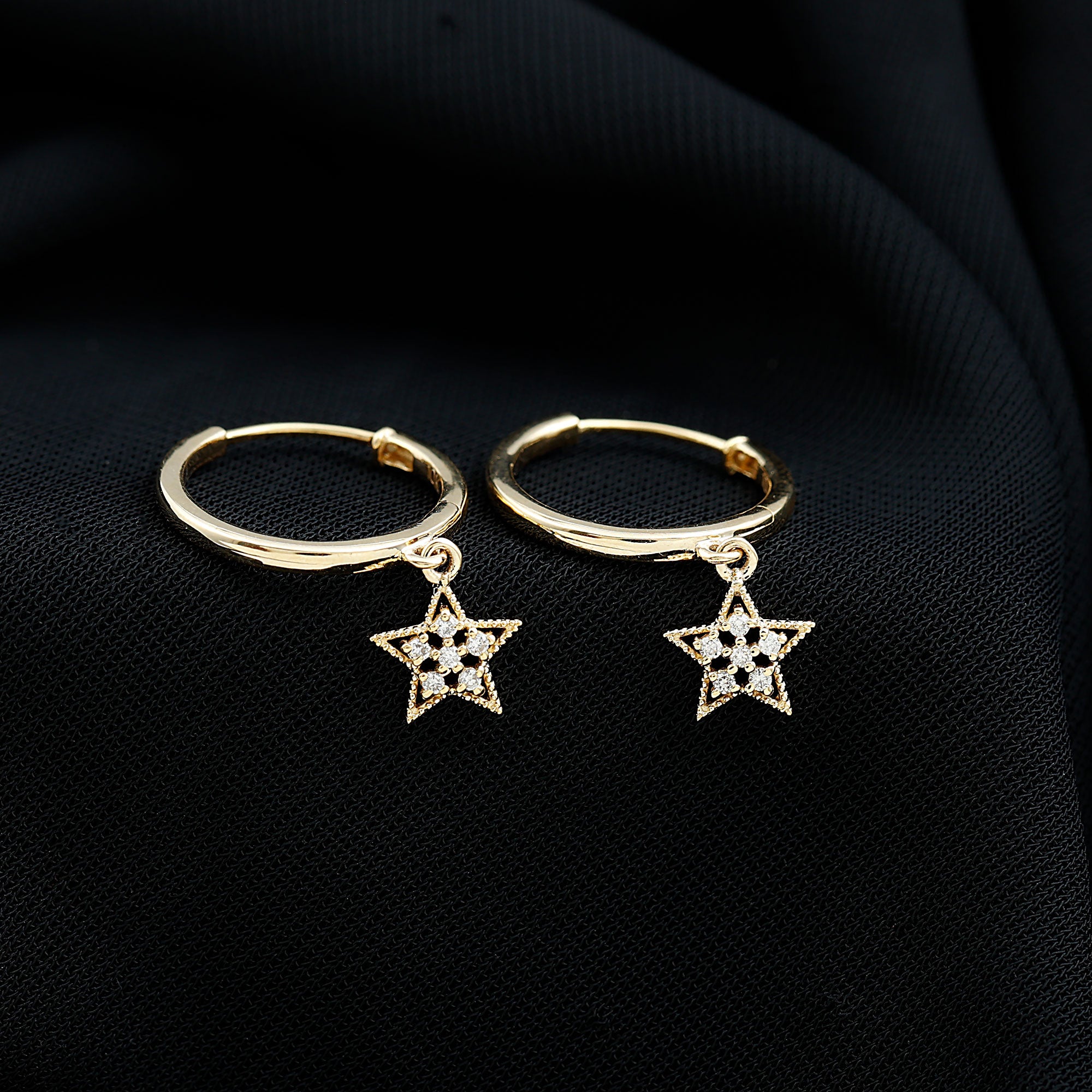 Diamond Star Drop Hoop Earrings Natural - ( HI-SI ) - Rosec Jewels