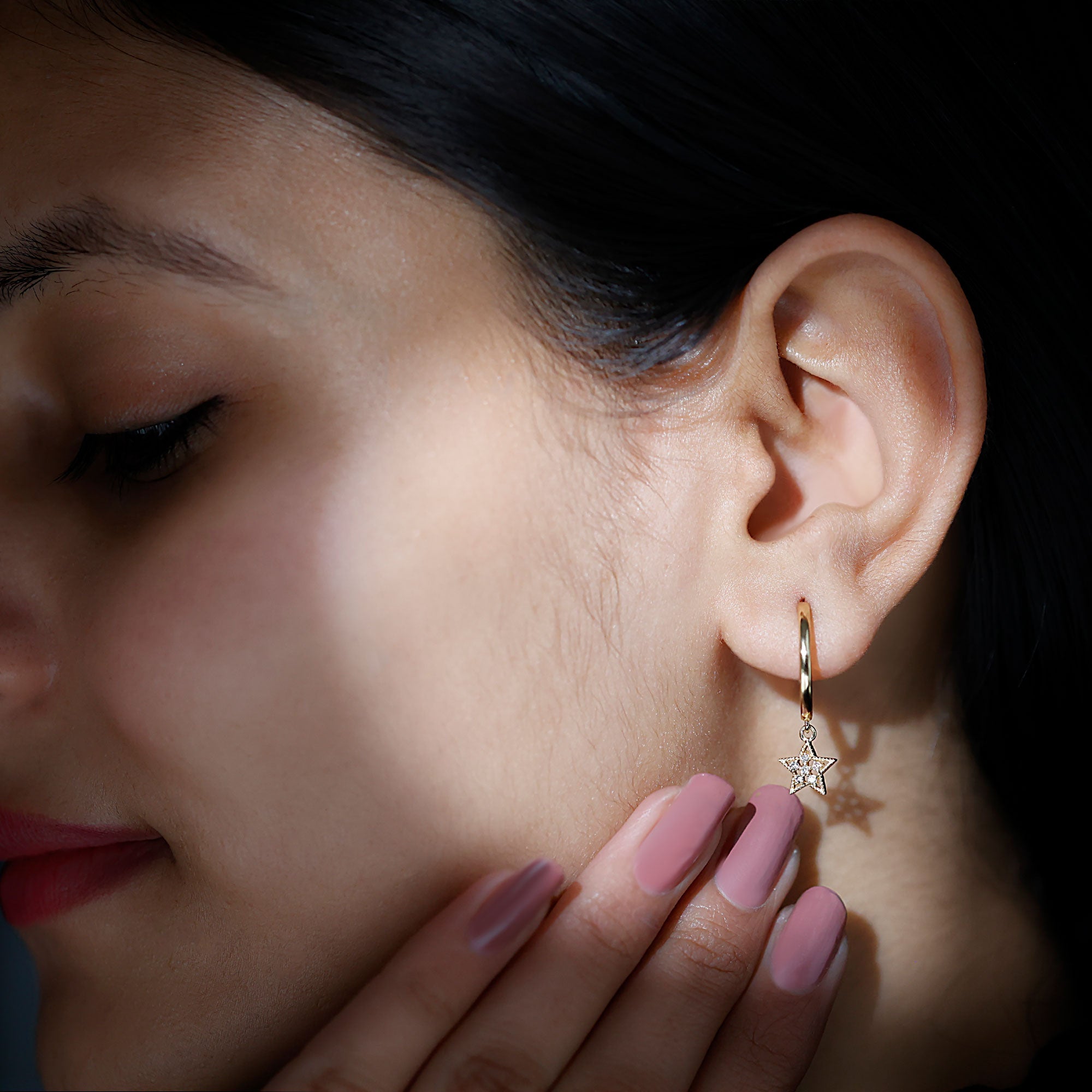 Diamond Star Drop Hoop Earrings Natural - ( HI-SI ) - Rosec Jewels