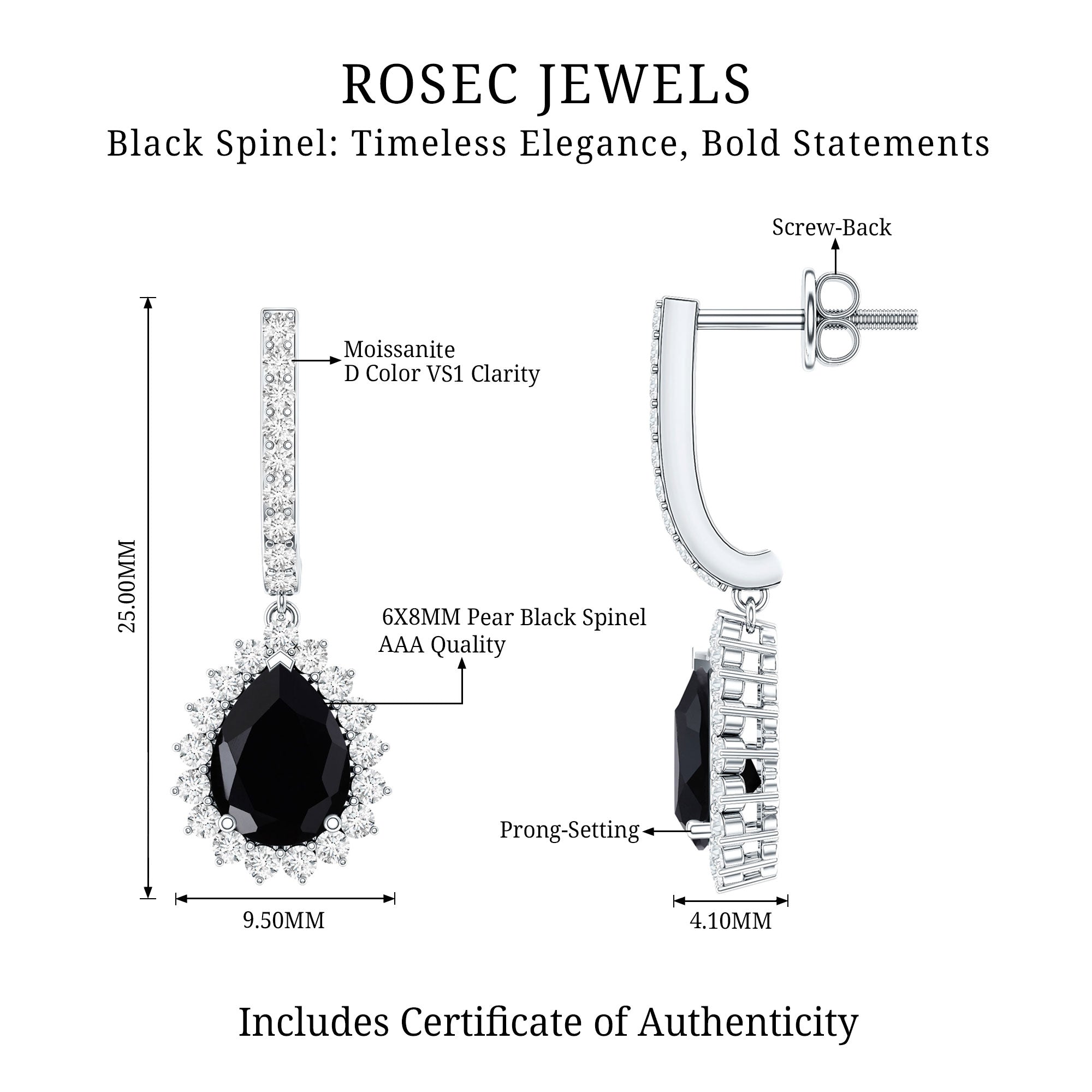 Natural 6X8mm Black Spinel Teardrop Earrings with Moissanite Halo AAA - Rosec Jewels