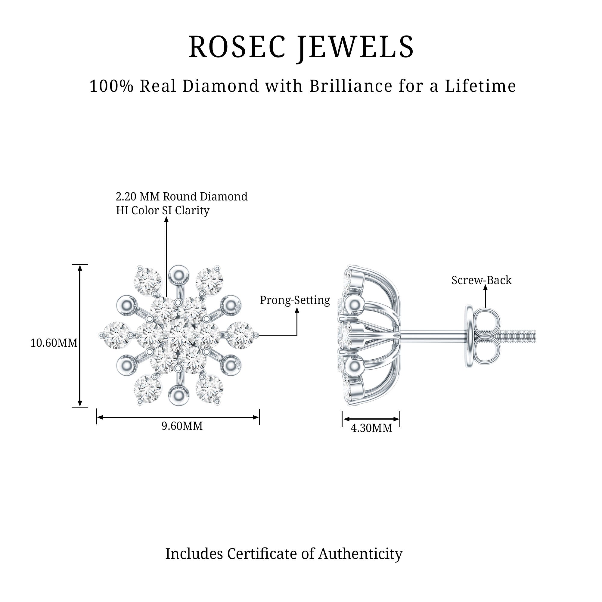Diamond Cluster Stud Earrings Natural - ( HI-SI ) - Rosec Jewels