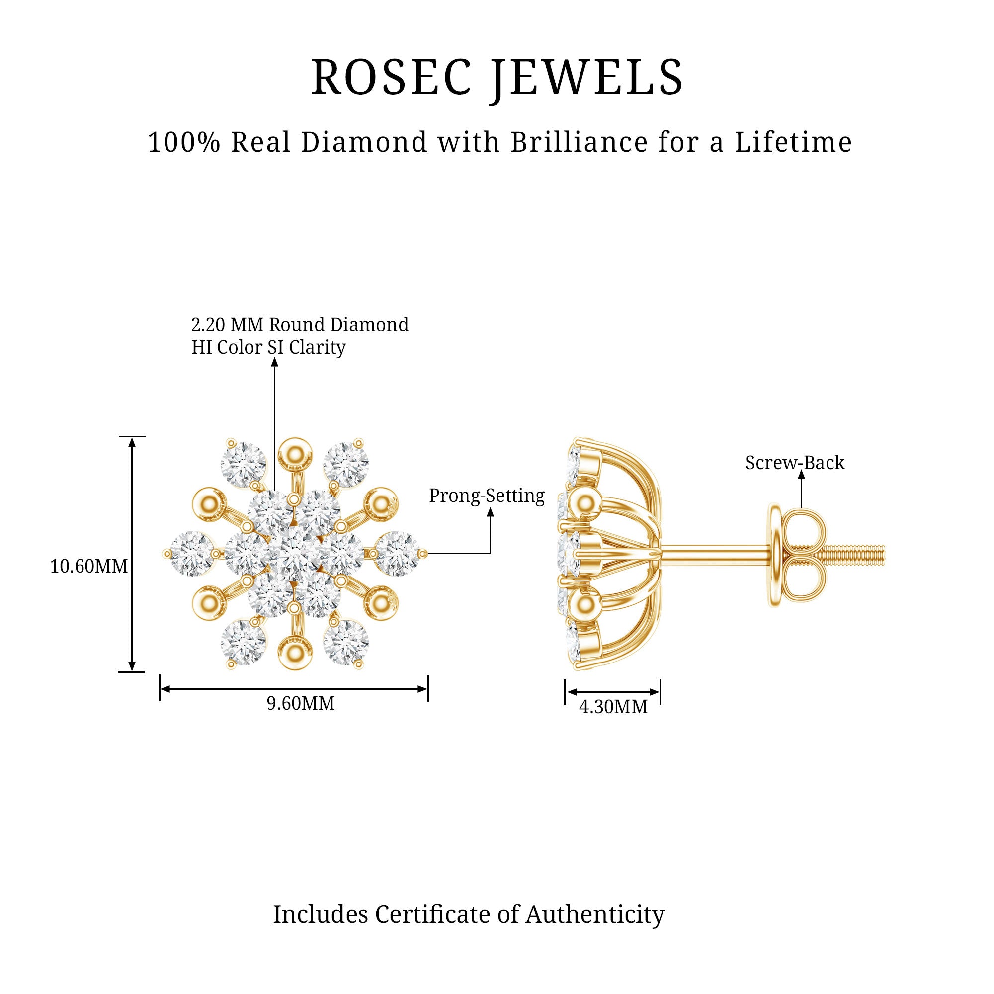 Diamond Cluster Stud Earrings Natural - ( HI-SI ) - Rosec Jewels