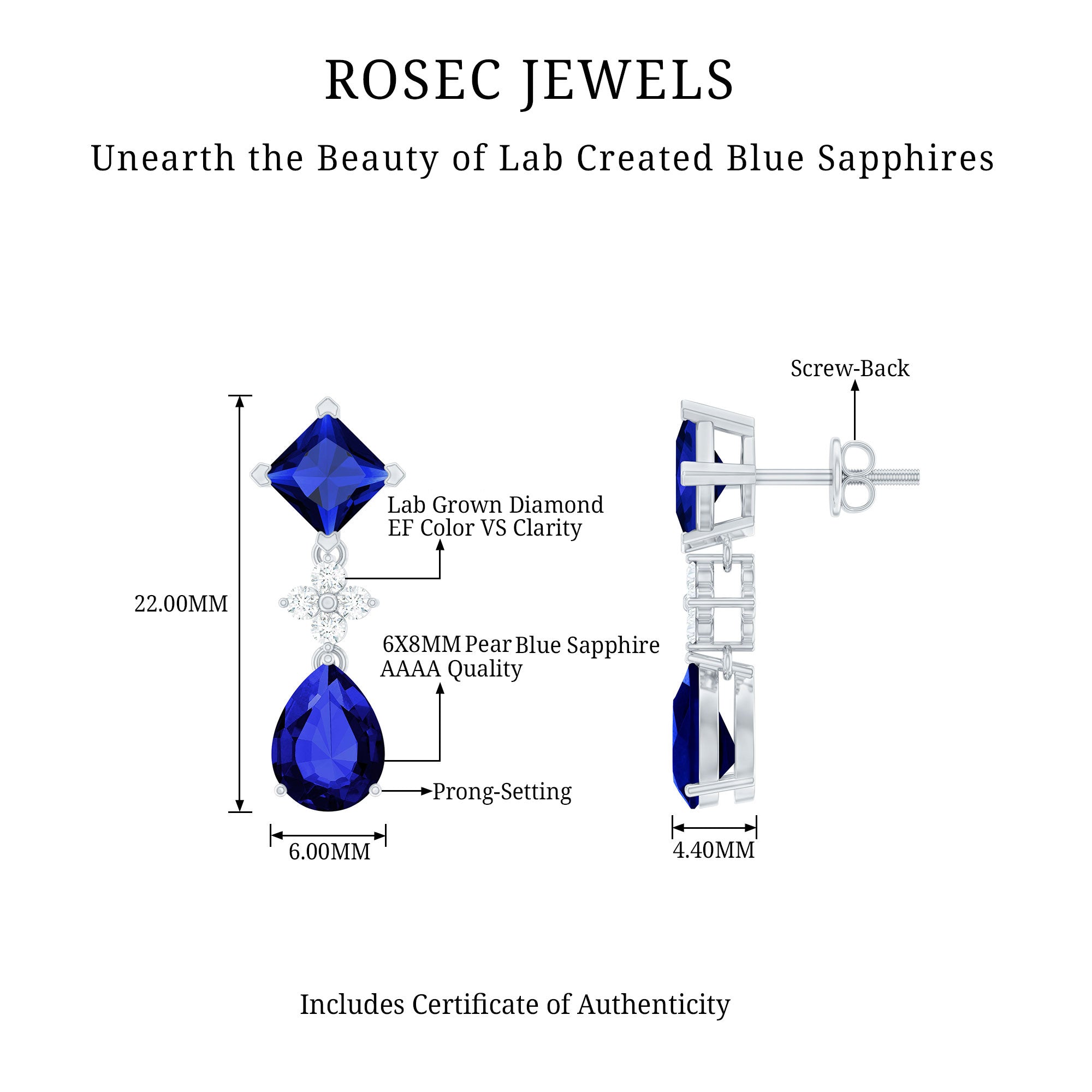 Lab Created Blue Sapphire and Diamond Wedding Drop Earrings AAAA - Rosec Jewels