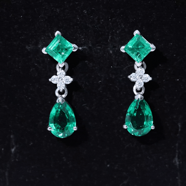 2 Carat Lab Created Emerald and Diamond Bridal Dangle Earrings AAAA - Rosec Jewels