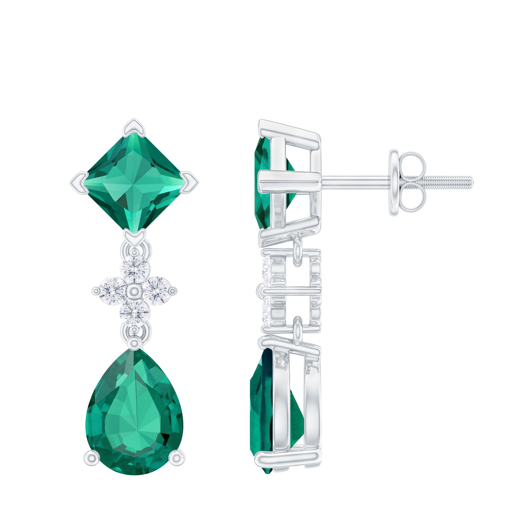 2 Carat Lab Created Emerald and Diamond Bridal Dangle Earrings AAAA - Rosec Jewels