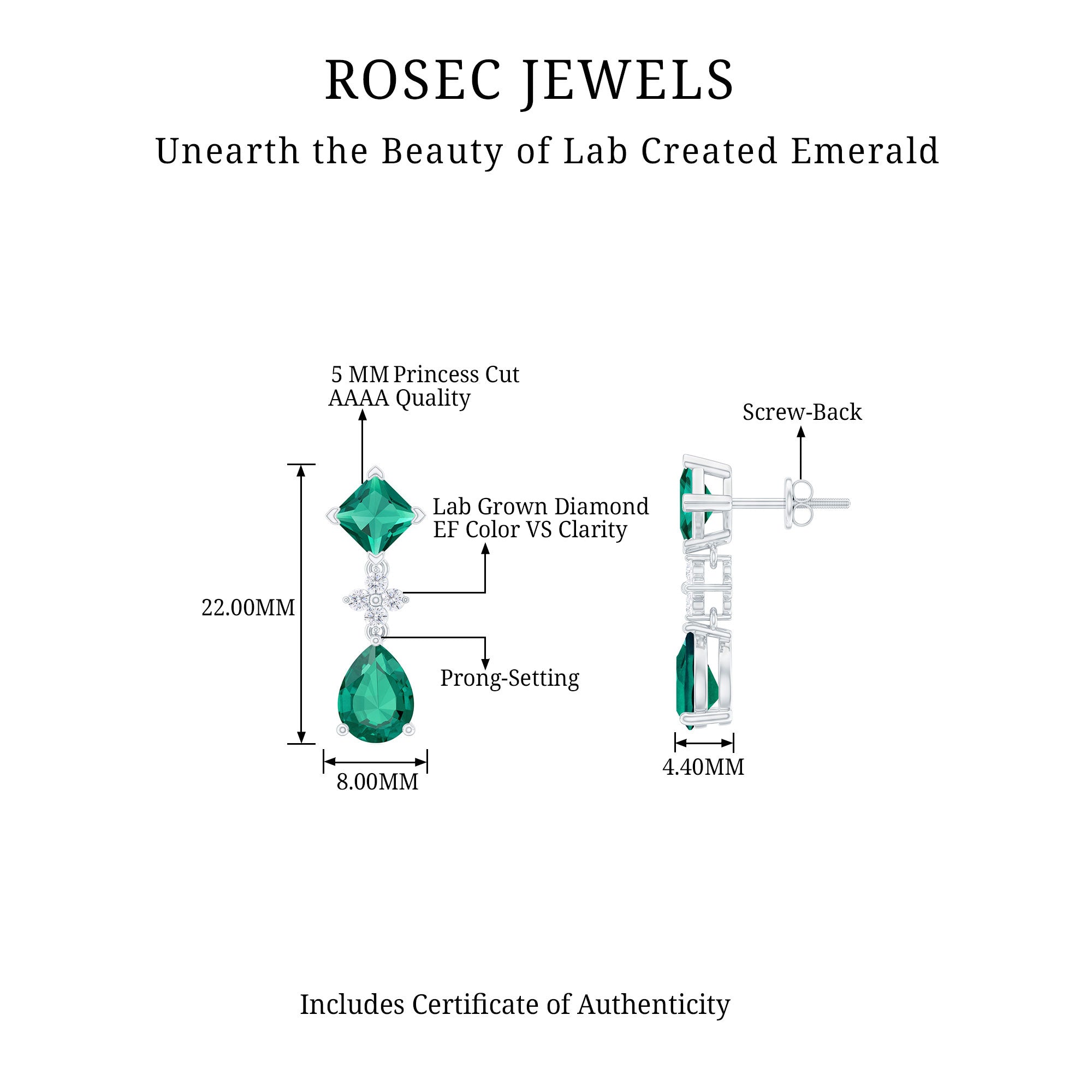 2 Carat Lab Created Emerald and Diamond Bridal Dangle Earrings AAAA - Rosec Jewels