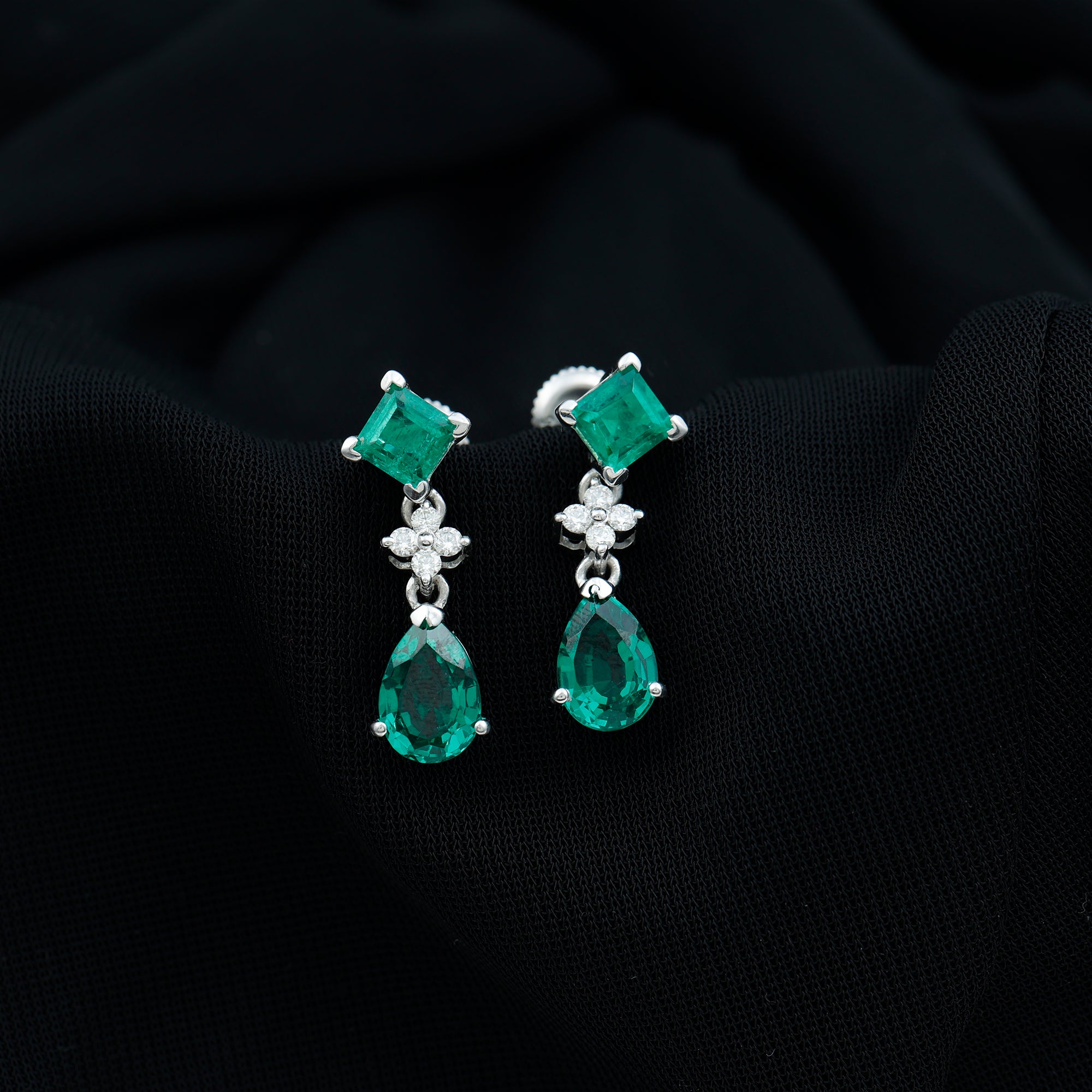 2 Carat Lab Created Emerald and Diamond Bridal Dangle Earrings AAAA - Rosec Jewels