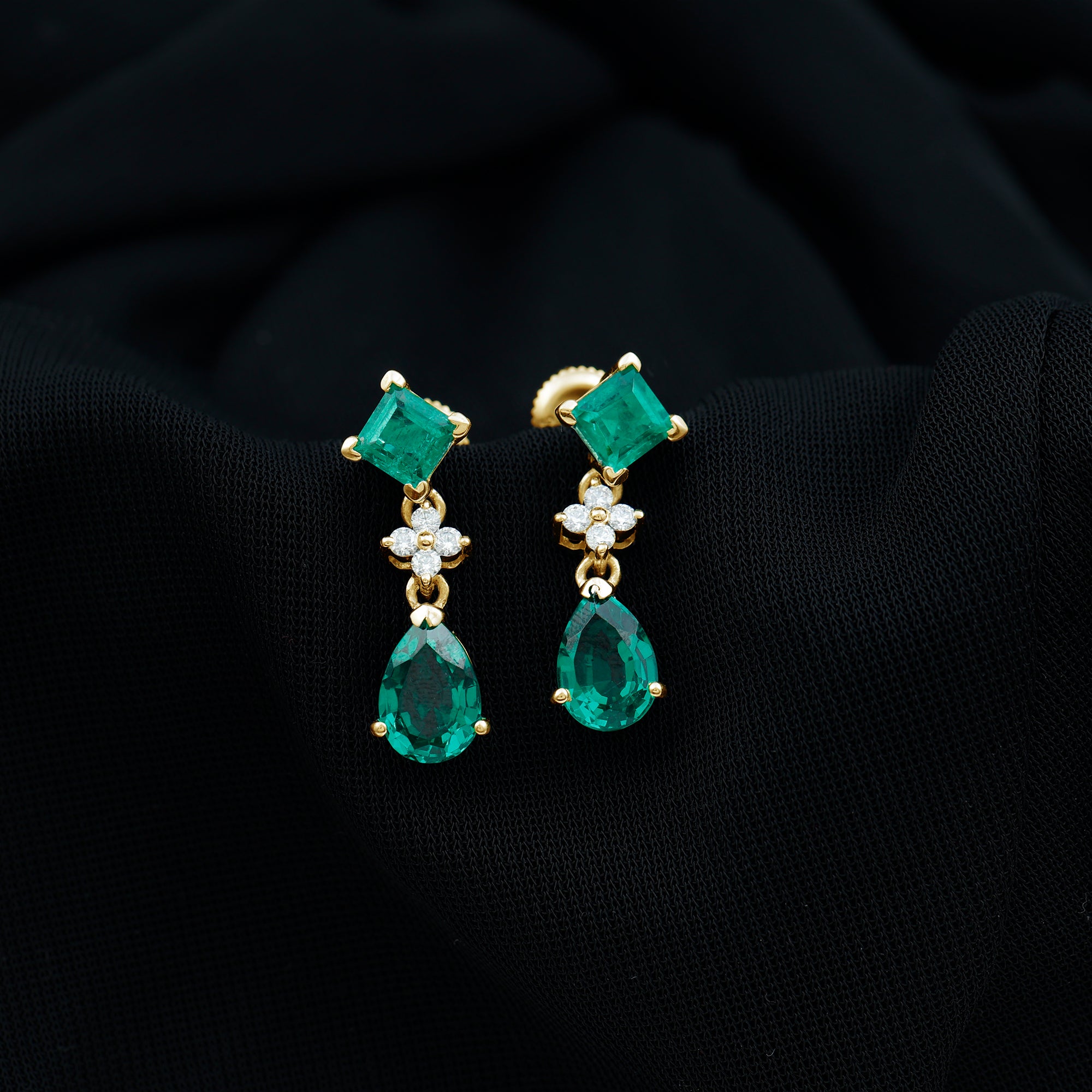 2 Carat Lab Created Emerald and Diamond Bridal Dangle Earrings AAAA - Rosec Jewels