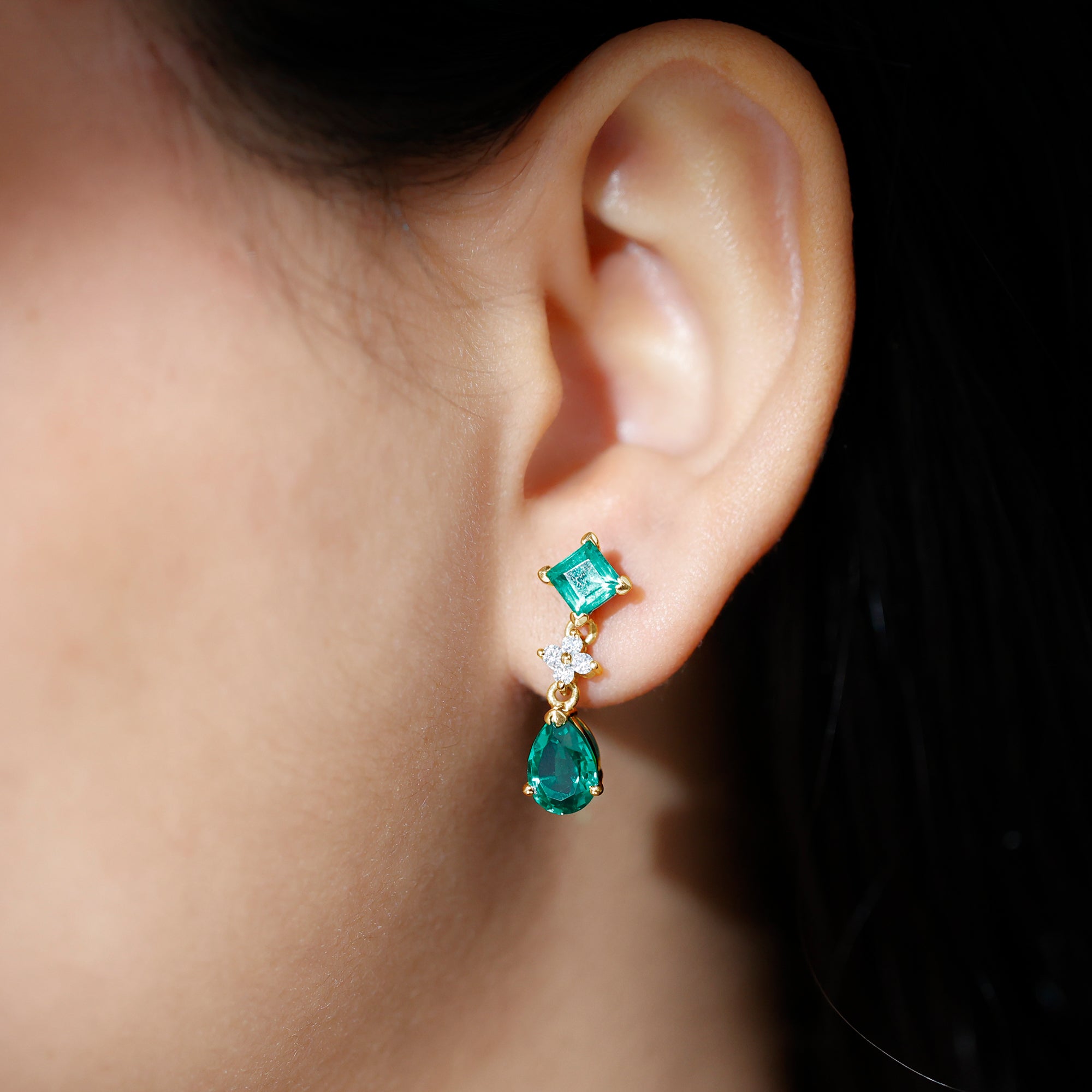 2 Carat Lab Created Emerald and Diamond Bridal Dangle Earrings AAAA - Rosec Jewels