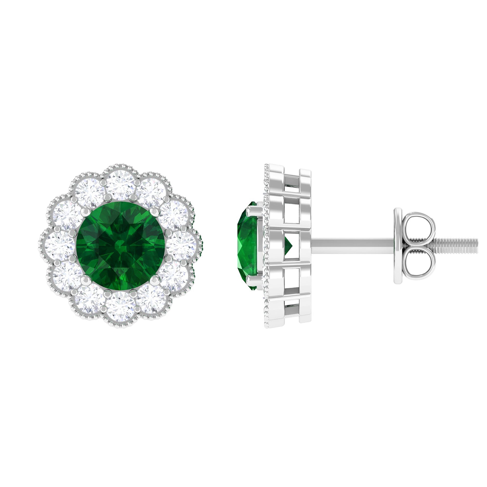 Lab Created Emerald Floral Stud Earrings with Diamond Halo
