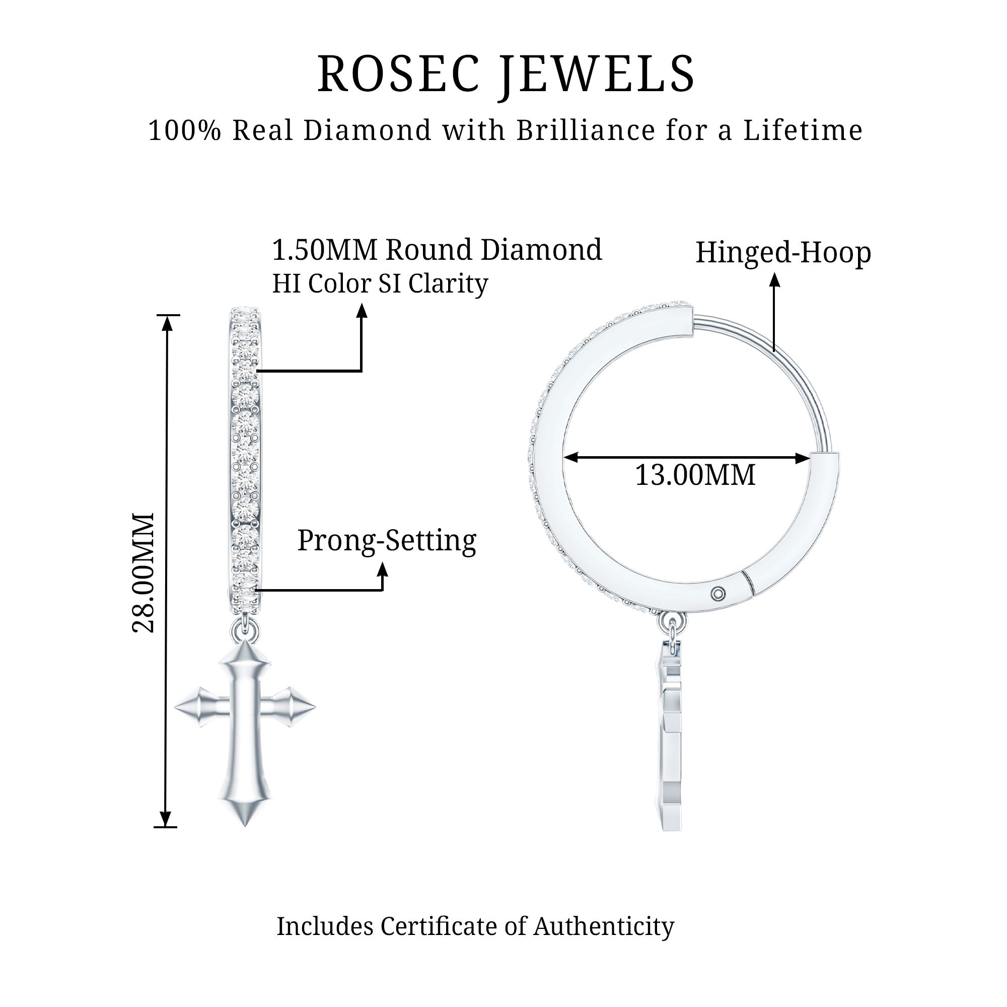 Certified Diamond Cross Drop Hoop Earrings Natural - ( HI-SI ) - Rosec Jewels