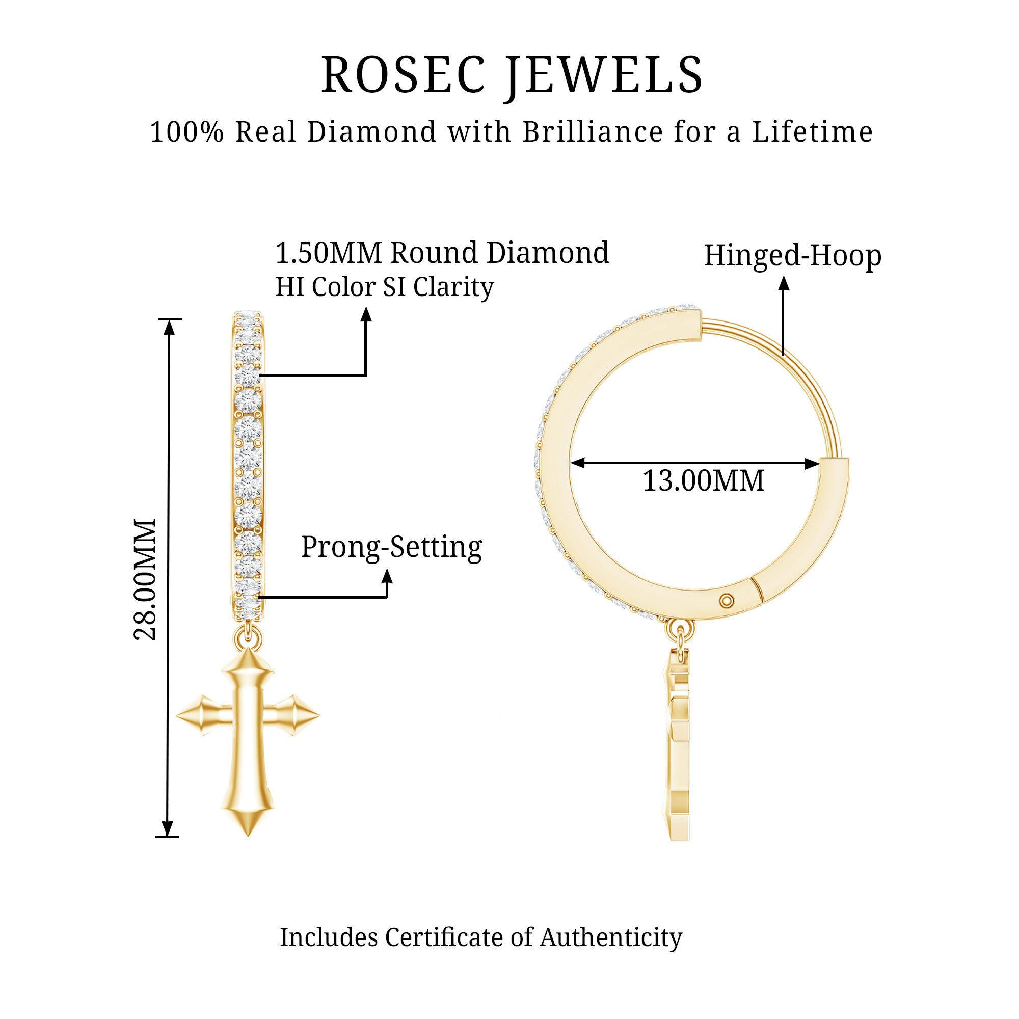 Certified Diamond Cross Drop Hoop Earrings Natural - ( HI-SI ) - Rosec Jewels