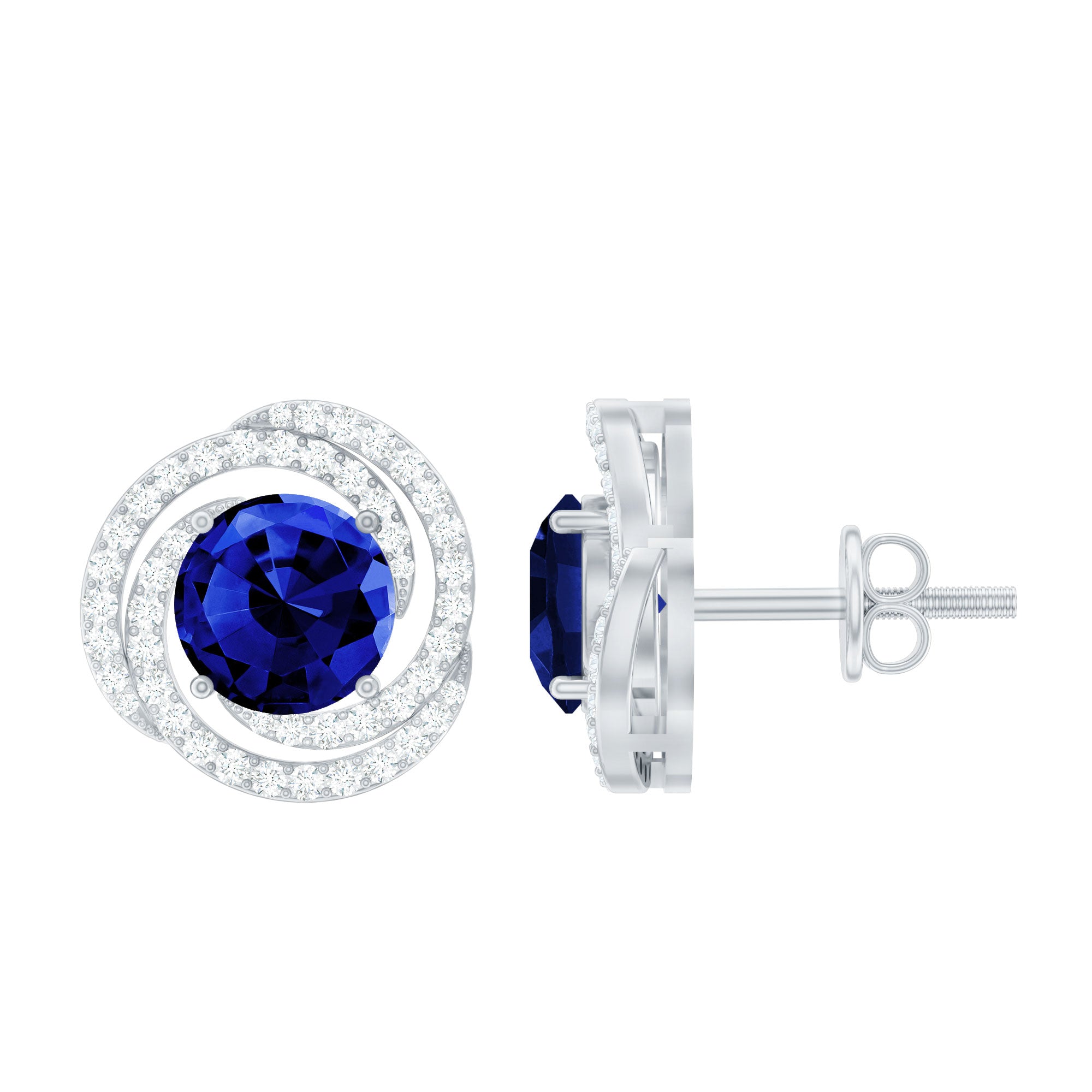 Lab Grown Blue Sapphire and Diamond Swirl Stud Earrings