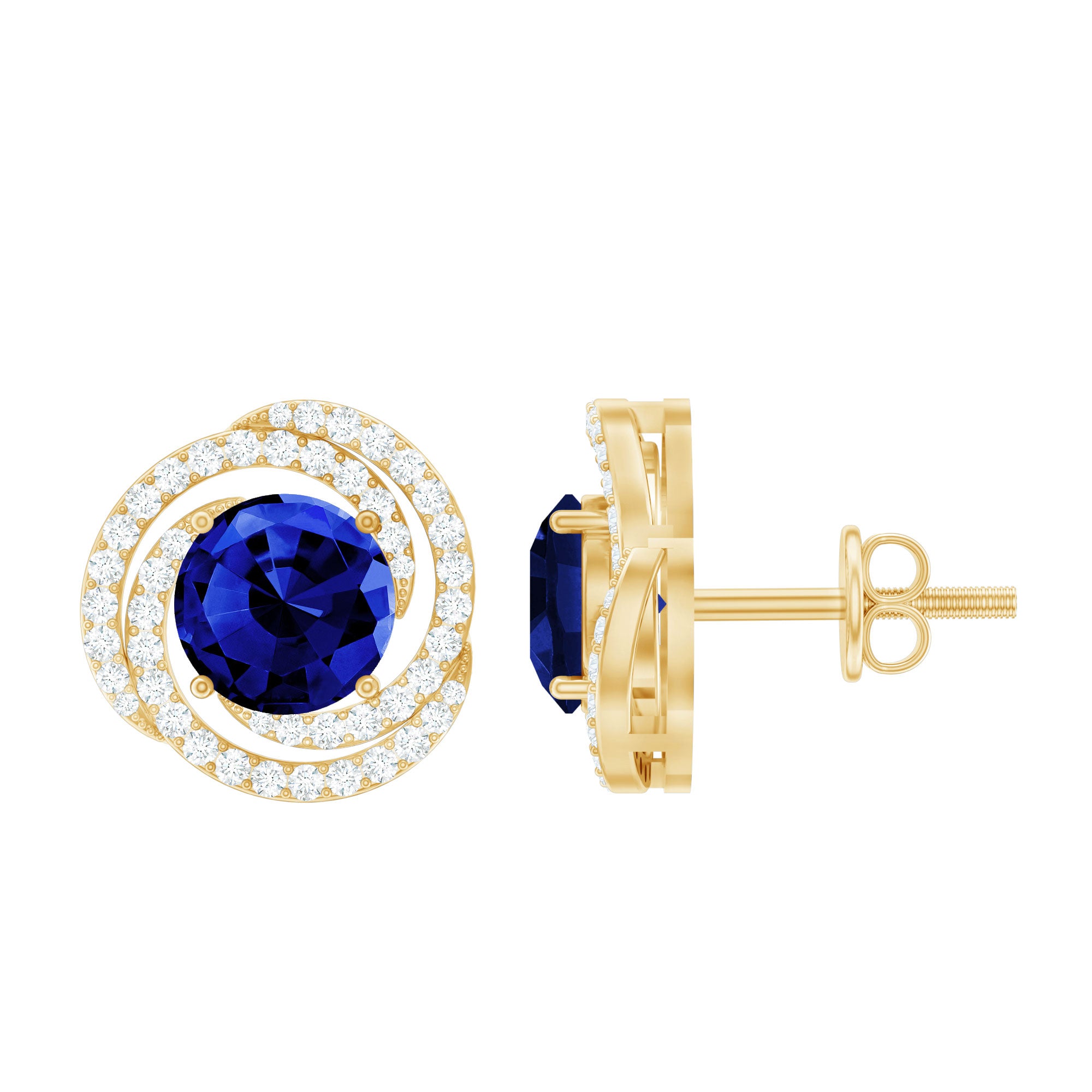 Lab Grown Blue Sapphire and Diamond Swirl Stud Earrings AAAA - Rosec Jewels