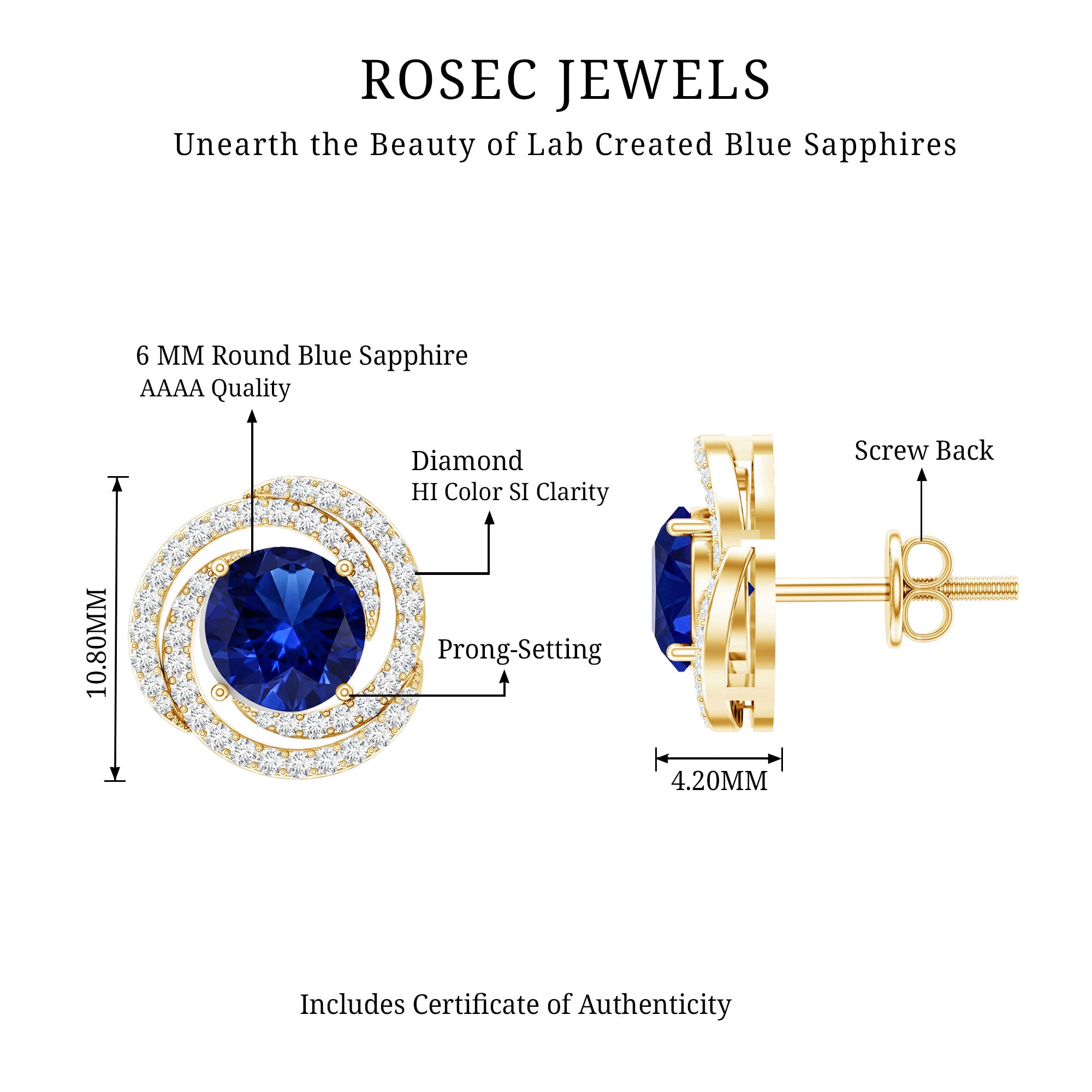 Lab Grown Blue Sapphire and Diamond Swirl Stud Earrings AAAA - Rosec Jewels