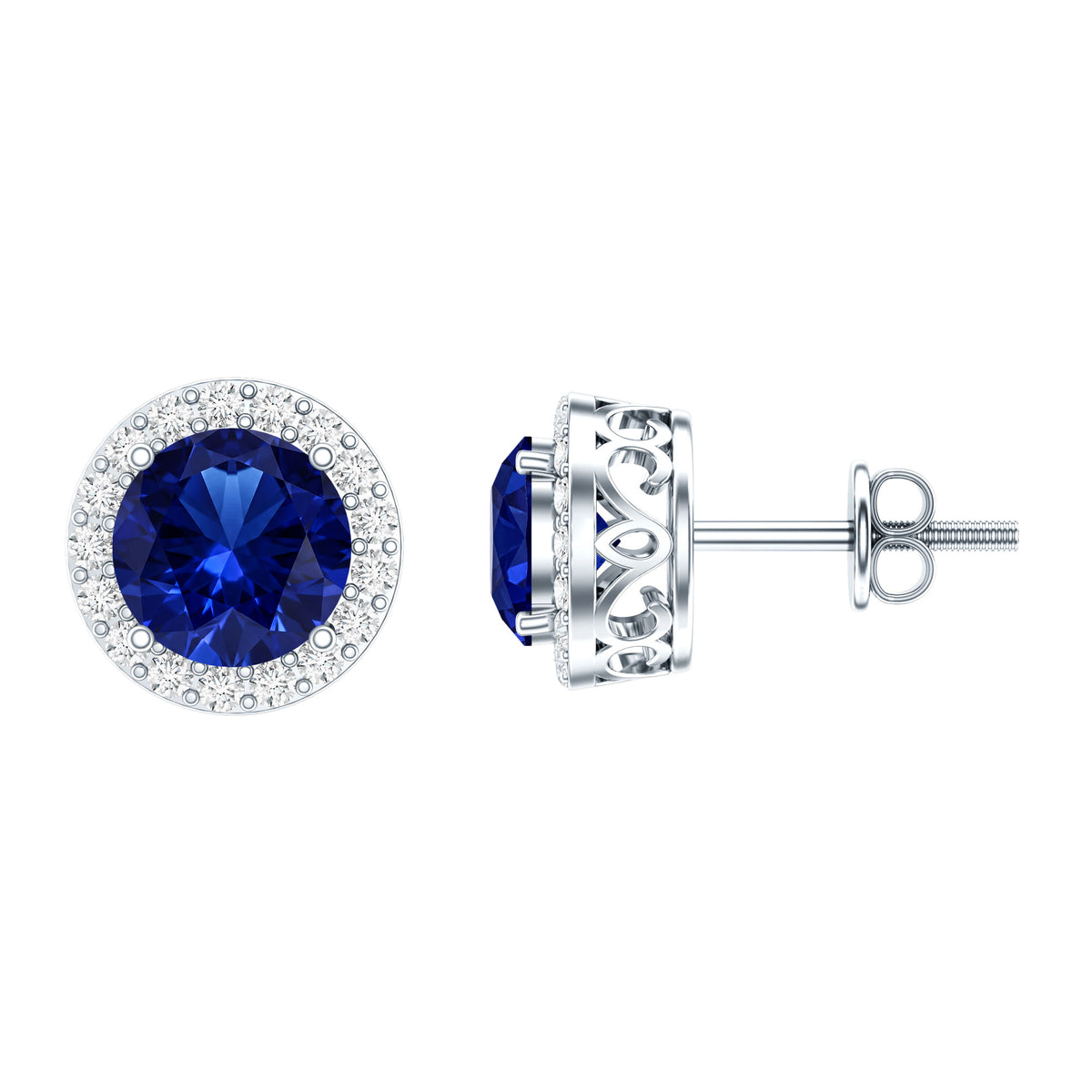 Round Lab Grown Blue Sapphire Stud Earrings With Moissanite Halo