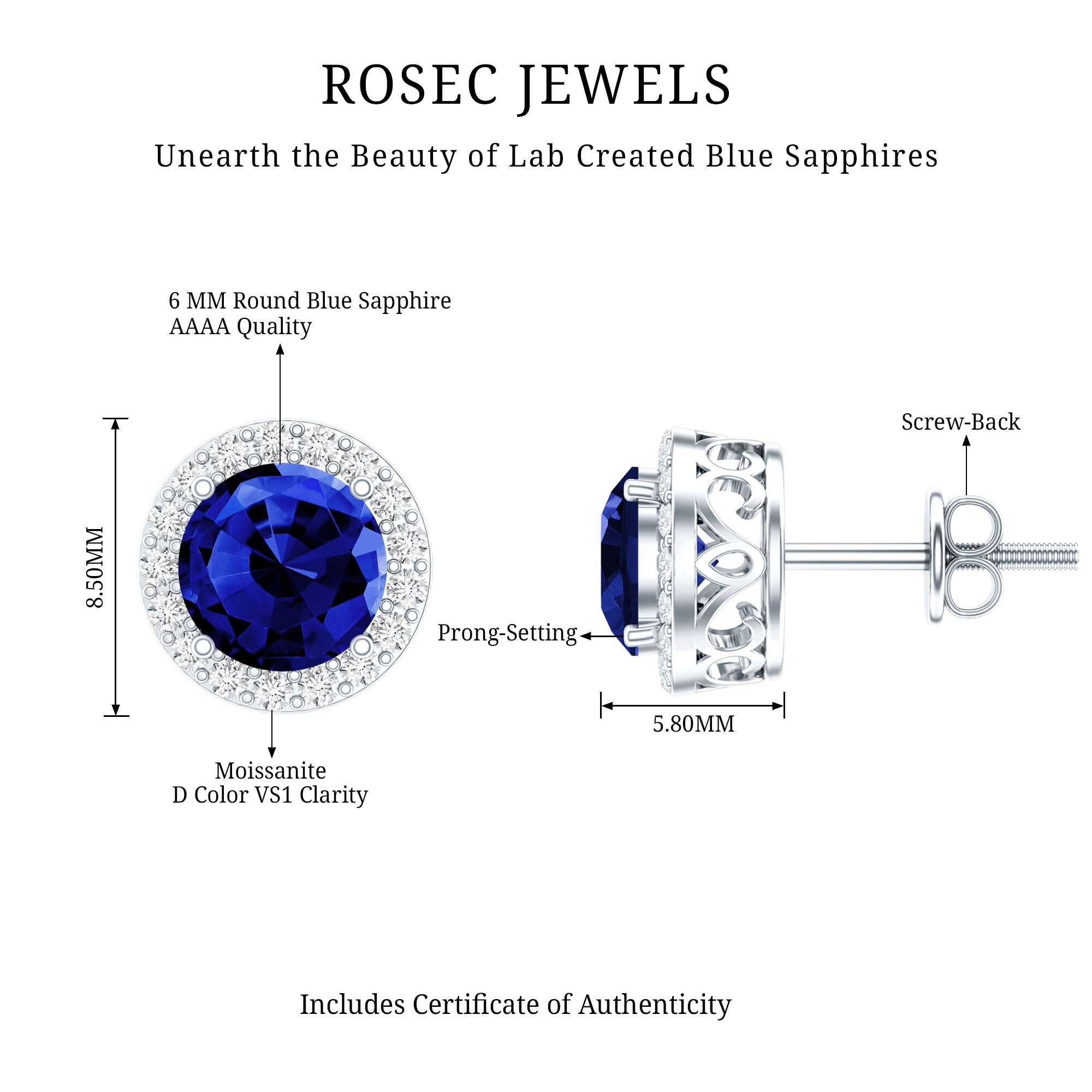 Certified 2 Carat Lab Grown Blue Sapphire Stud Earrings With Moissanite Halo AAAA 92.5 Sterling Silver - Rosec Jewels