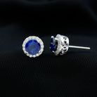 Round Created Blue Sapphire Halo Silver Stud Earrings with Moissanite Lab Created Blue Sapphire - ( AAAA ) - Quality 92.5 Sterling Silver - Rosec Jewels