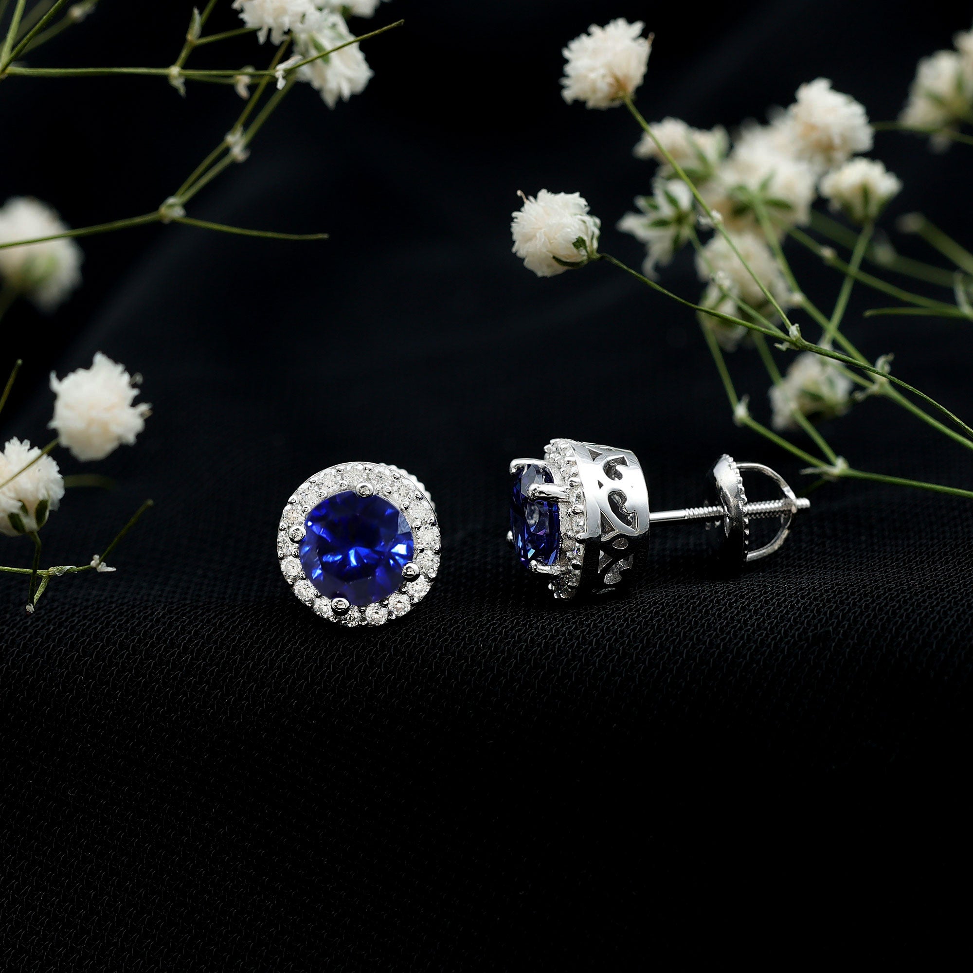 Certified 2 Carat Lab Grown Blue Sapphire Stud Earrings With Moissanite Halo AAAA 92.5 Sterling Silver - Rosec Jewels