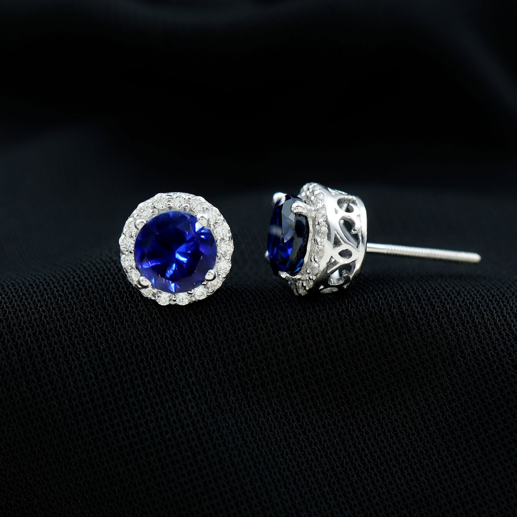 Certified 2 Carat Lab Grown Blue Sapphire Stud Earrings With Moissanite Halo AAAA 92.5 Sterling Silver - Rosec Jewels