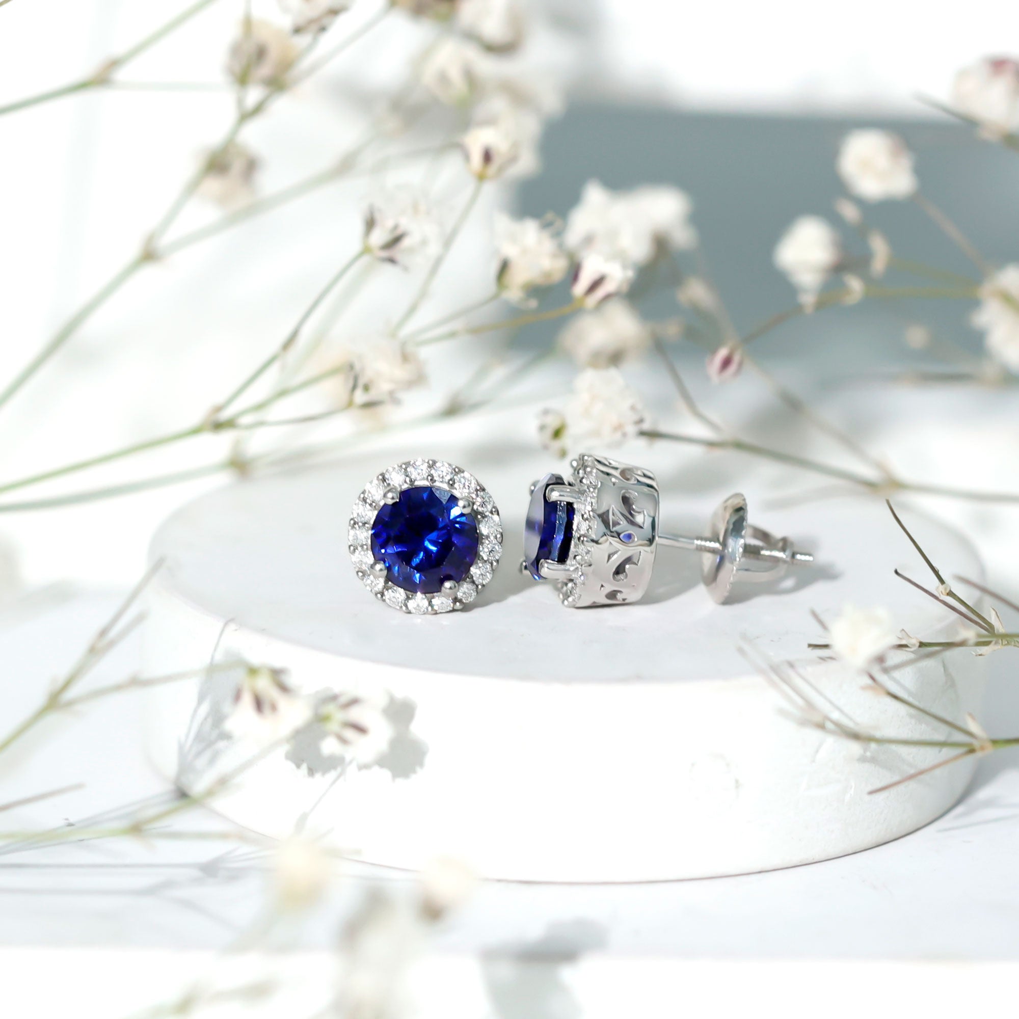 Certified 2 Carat Lab Grown Blue Sapphire Stud Earrings With Moissanite Halo AAAA 92.5 Sterling Silver - Rosec Jewels