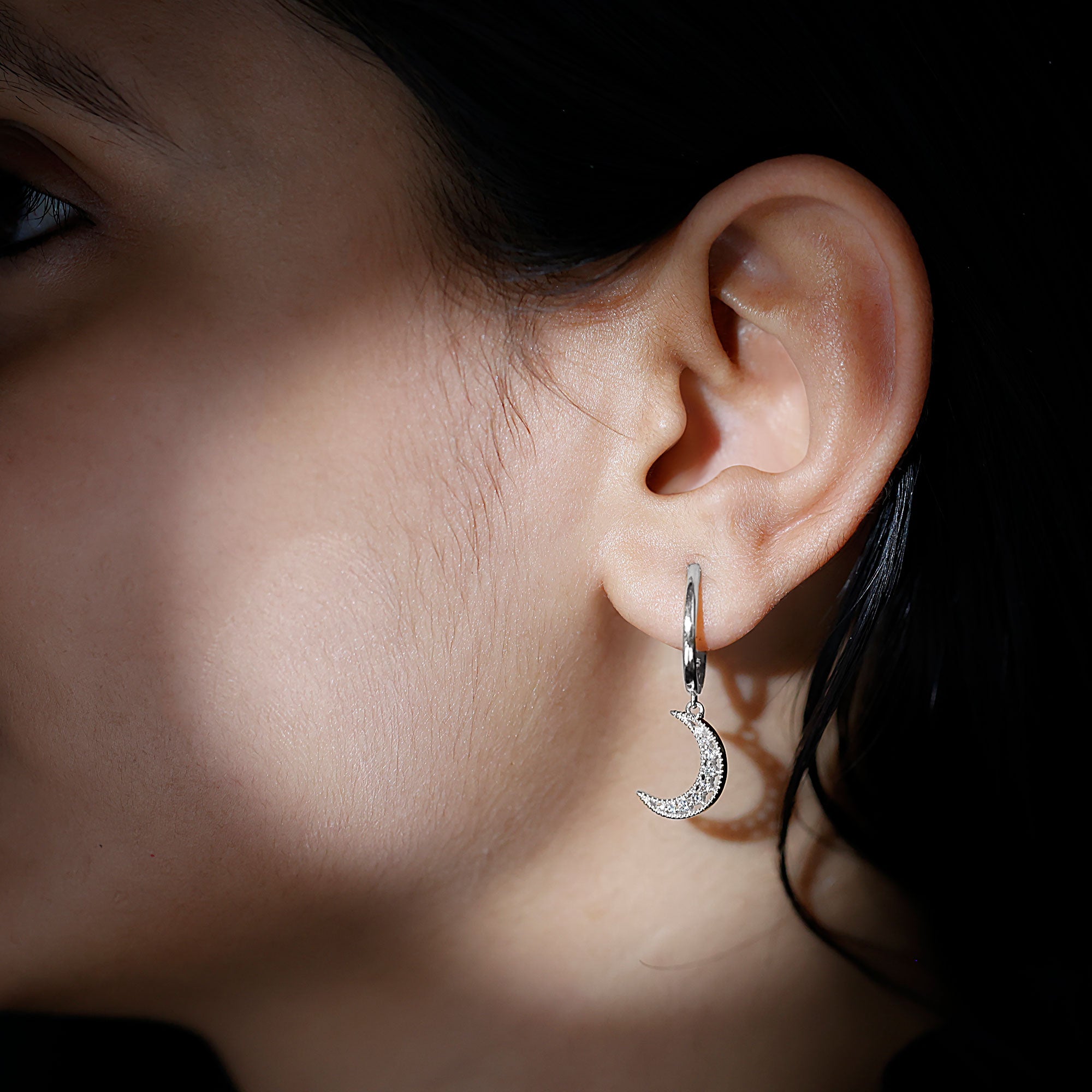 Certified Diamond Moon Drop Hoop Earrings Natural - ( HI-SI ) - Rosec Jewels