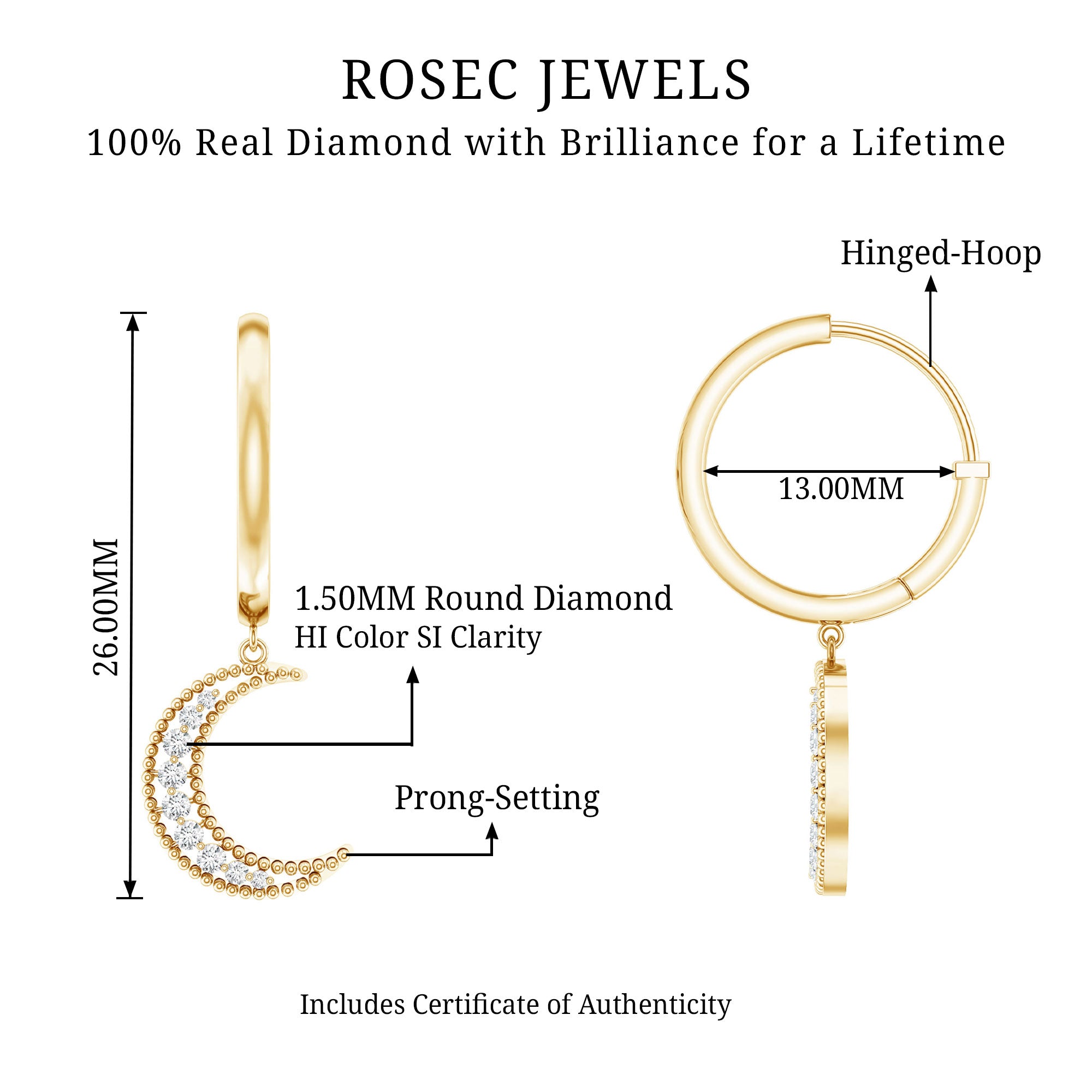 Certified Diamond Moon Drop Hoop Earrings Natural - ( HI-SI ) - Rosec Jewels