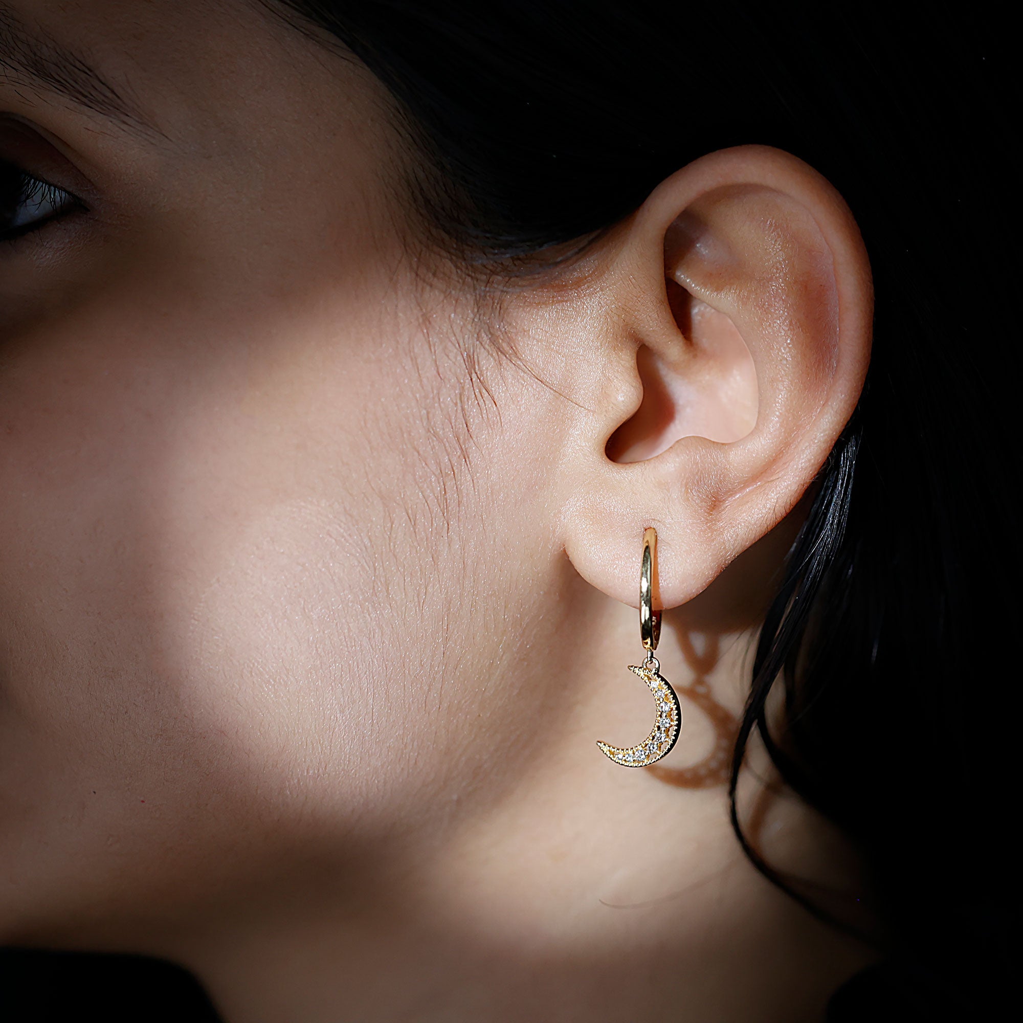 Certified Diamond Moon Drop Hoop Earrings Natural - ( HI-SI ) - Rosec Jewels