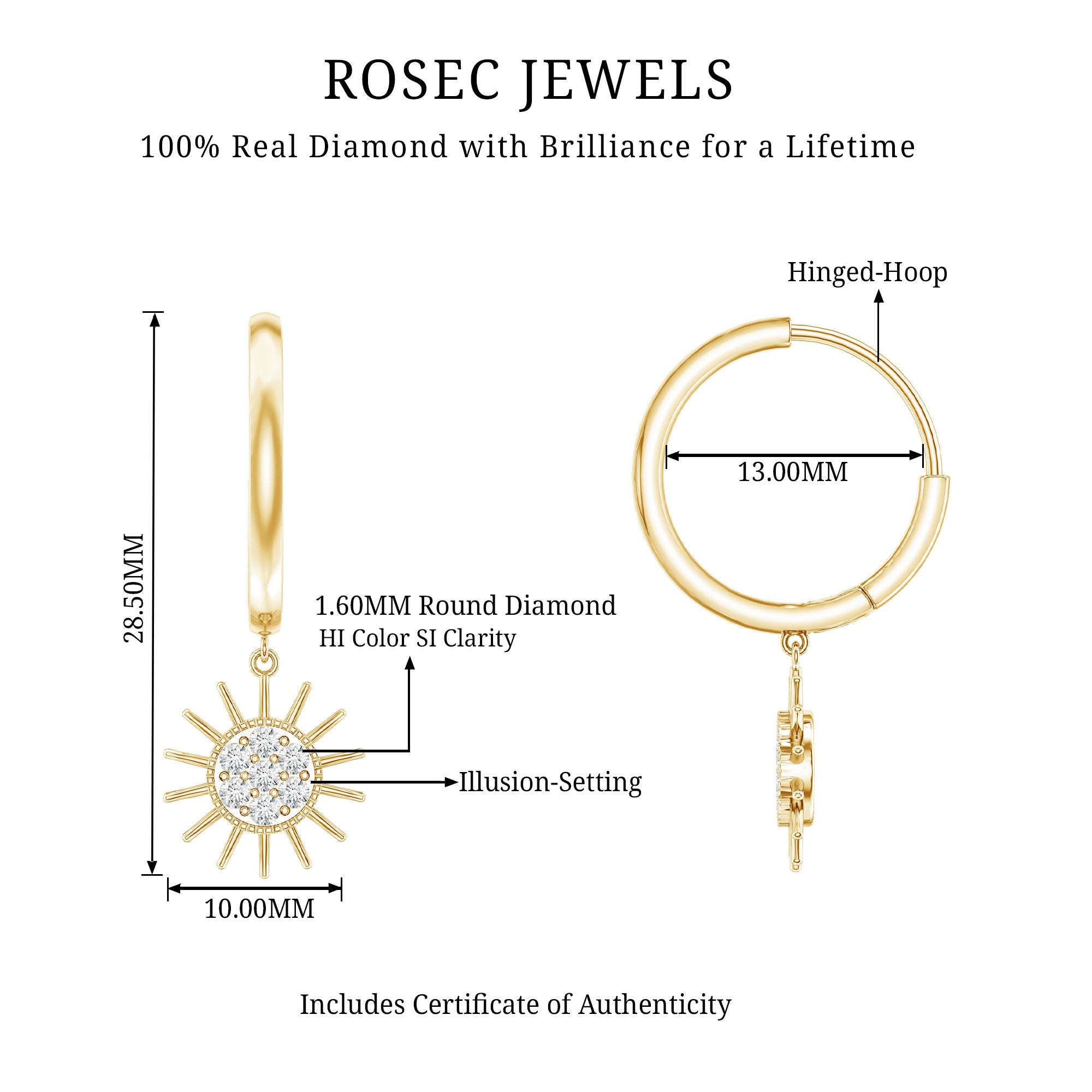 Certified Diamond Sunburst Hoop Earrings Natural - ( HI-SI ) - Rosec Jewels
