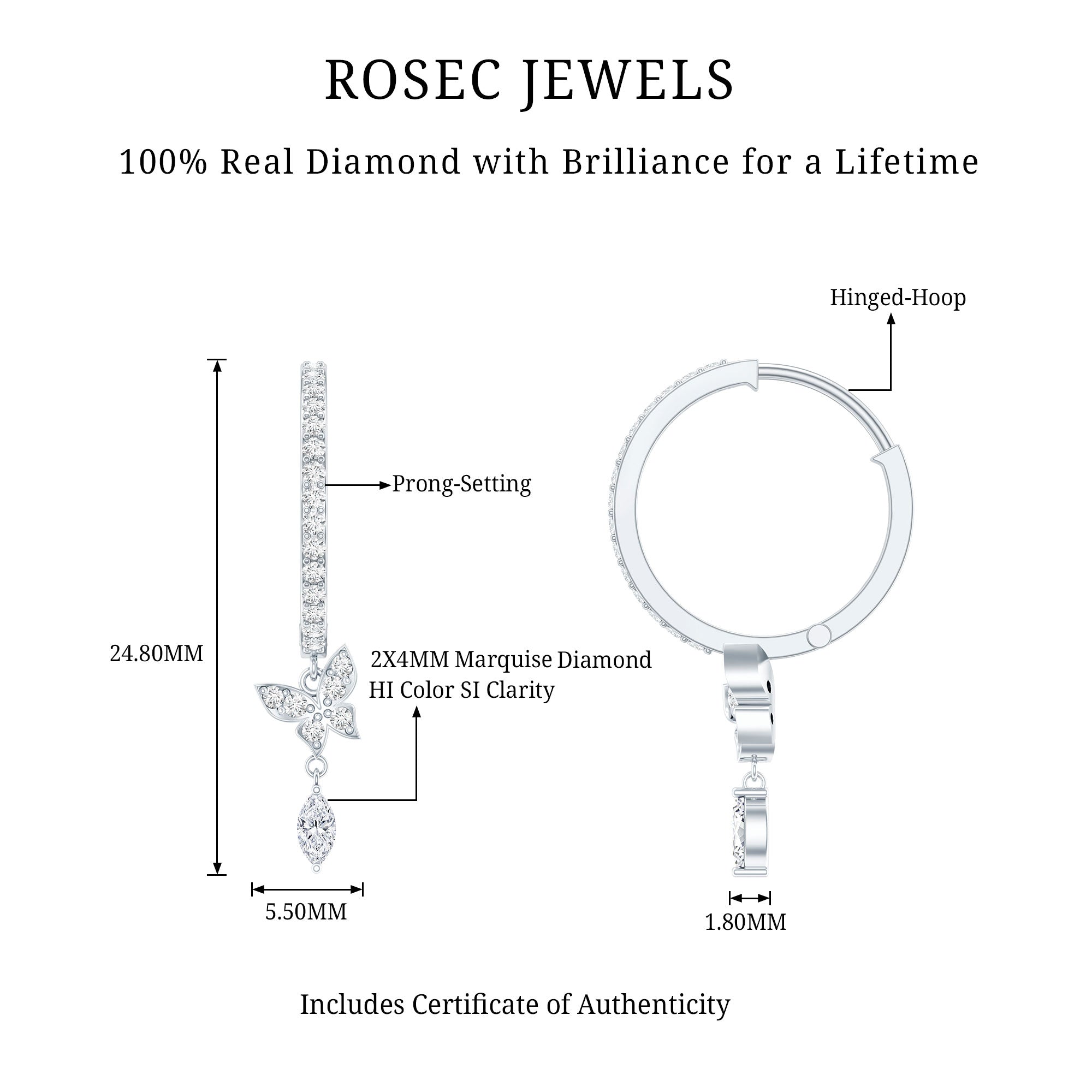 Natural Diamond Butterfly Hoop Earrings for Women Natural - ( HI-SI ) - Rosec Jewels