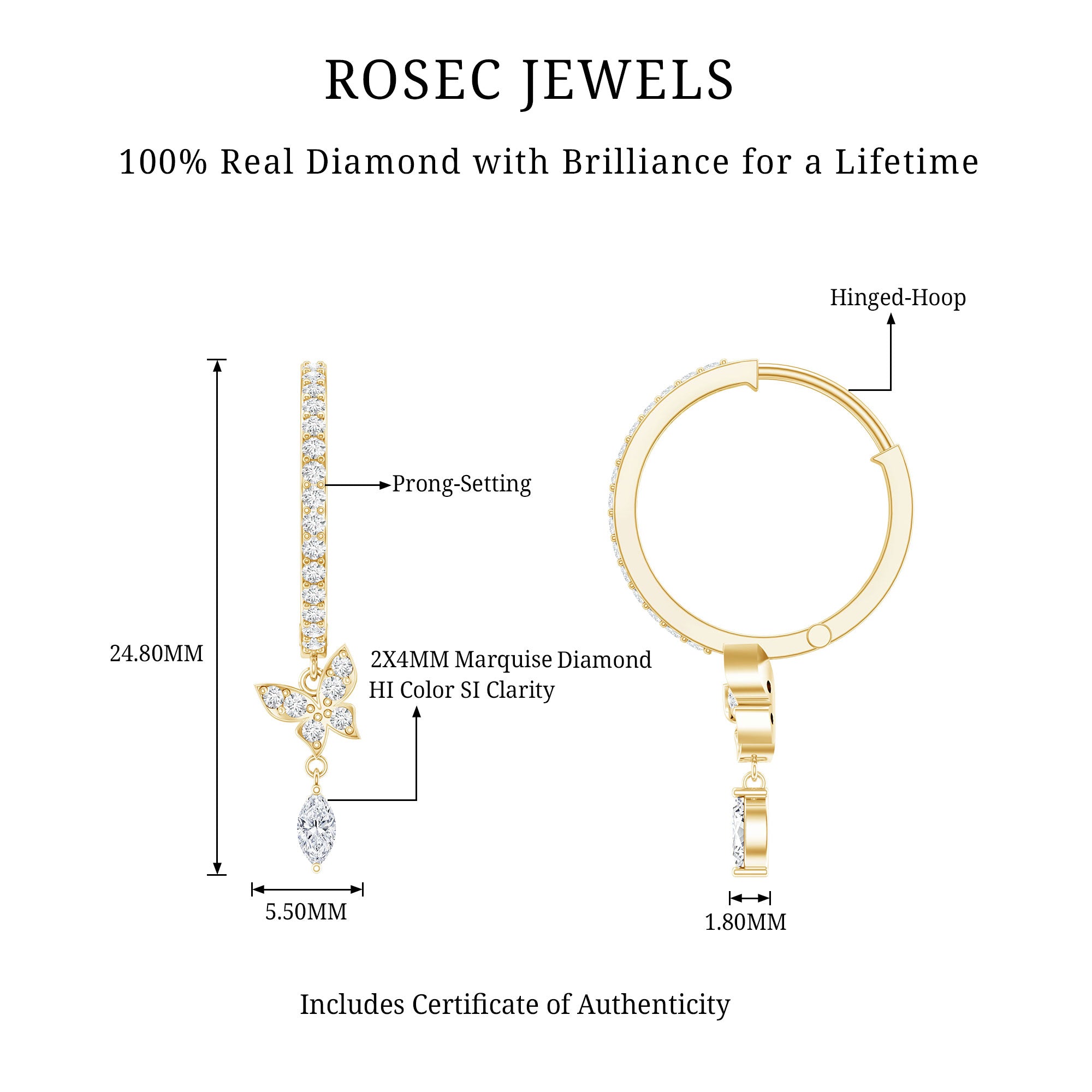 Natural Diamond Butterfly Hoop Earrings for Women Natural - ( HI-SI ) - Rosec Jewels
