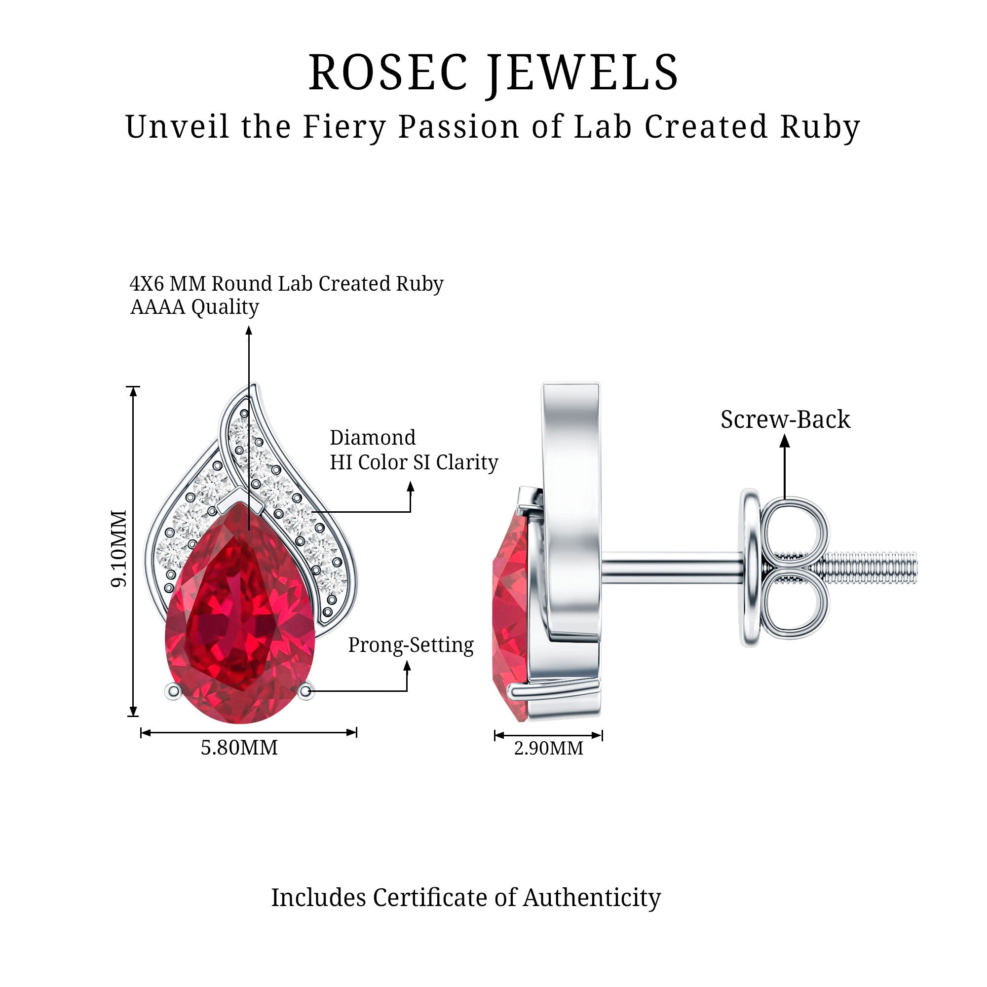Pear Shaped Lab Created Ruby and Diamond Stud Earring AAAA - Rosec Jewels