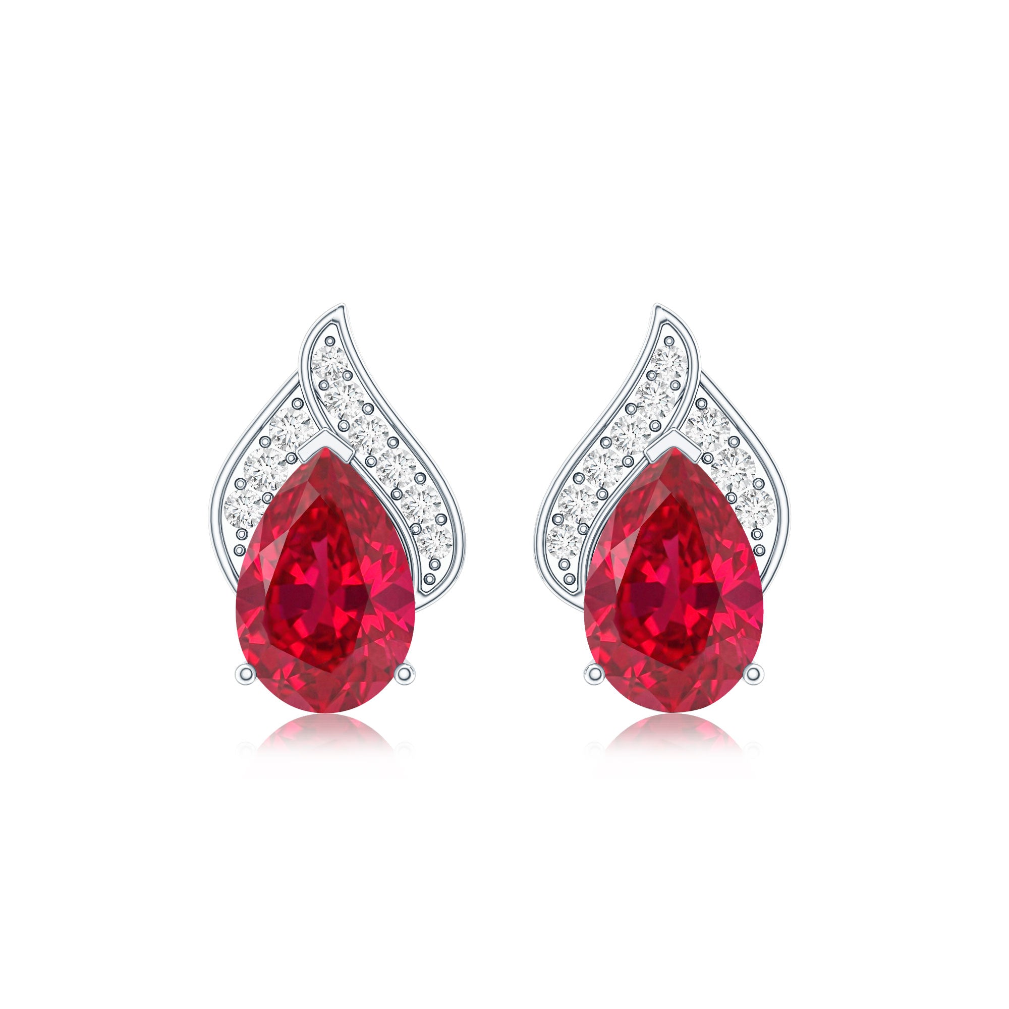 Pear Shaped Lab Created Ruby and Diamond Stud Earring AAAA - Rosec Jewels