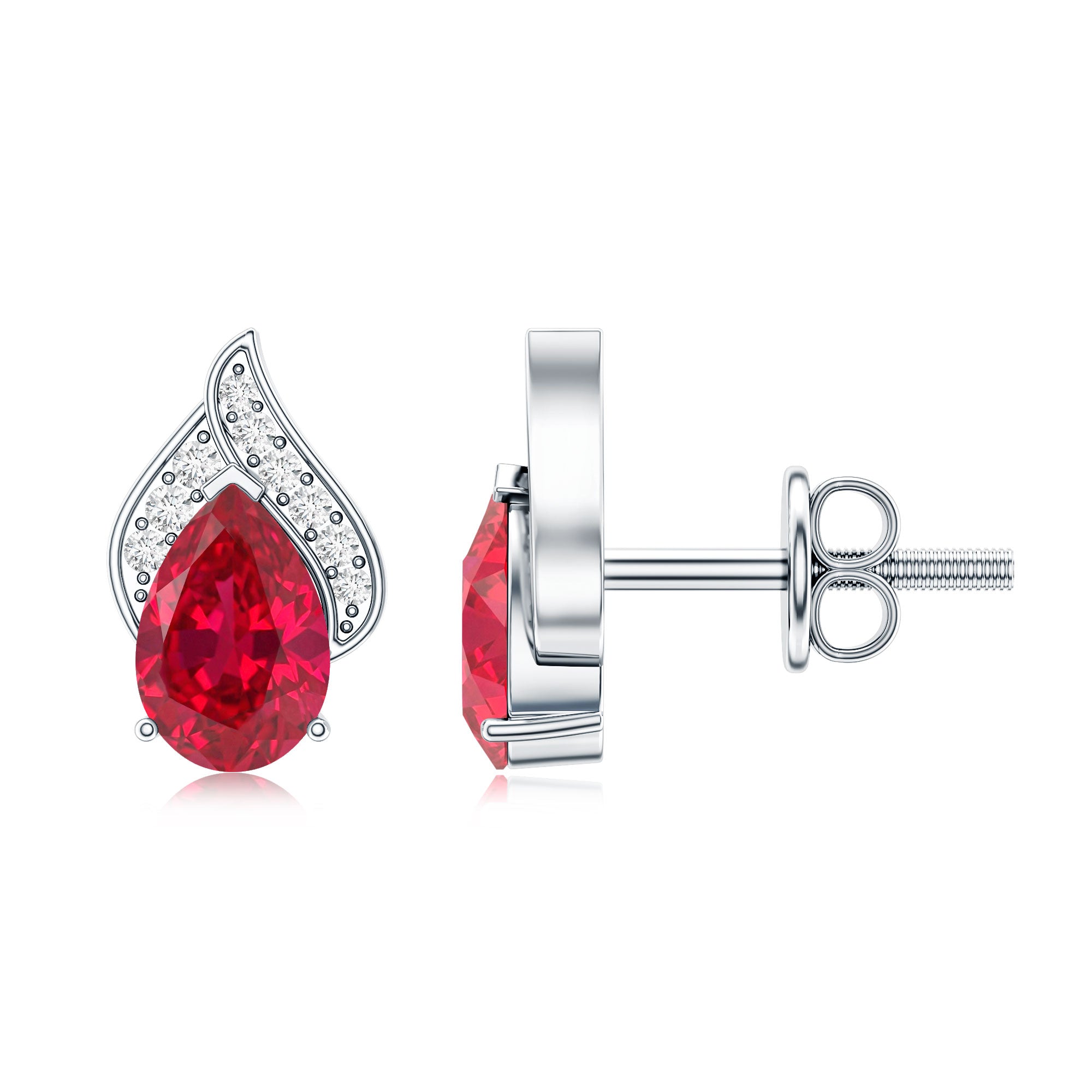 Pear Shaped Lab Created Ruby and Diamond Stud Earring AAAA - Rosec Jewels