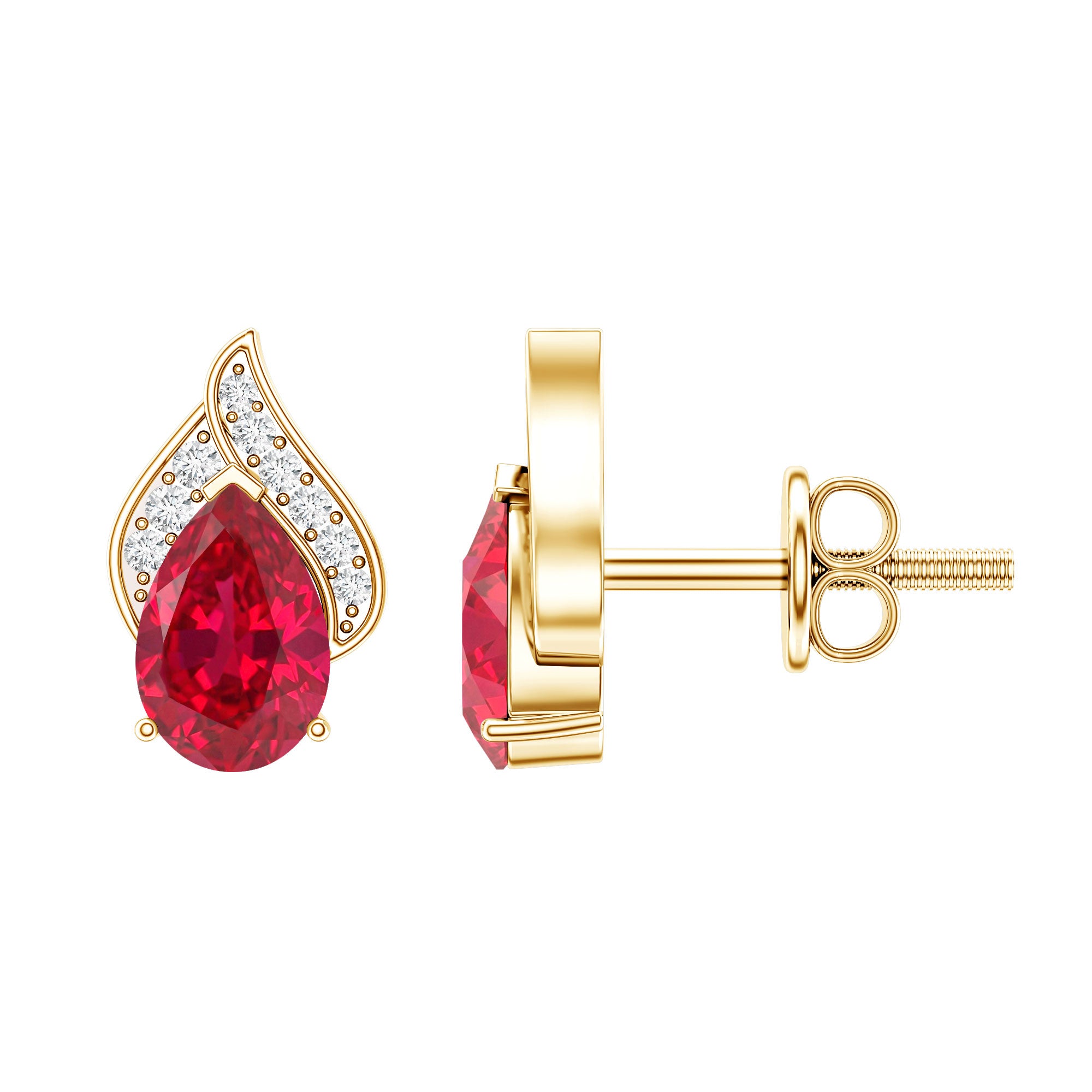 Pear Shaped Lab Created Ruby and Diamond Stud Earring AAAA - Rosec Jewels