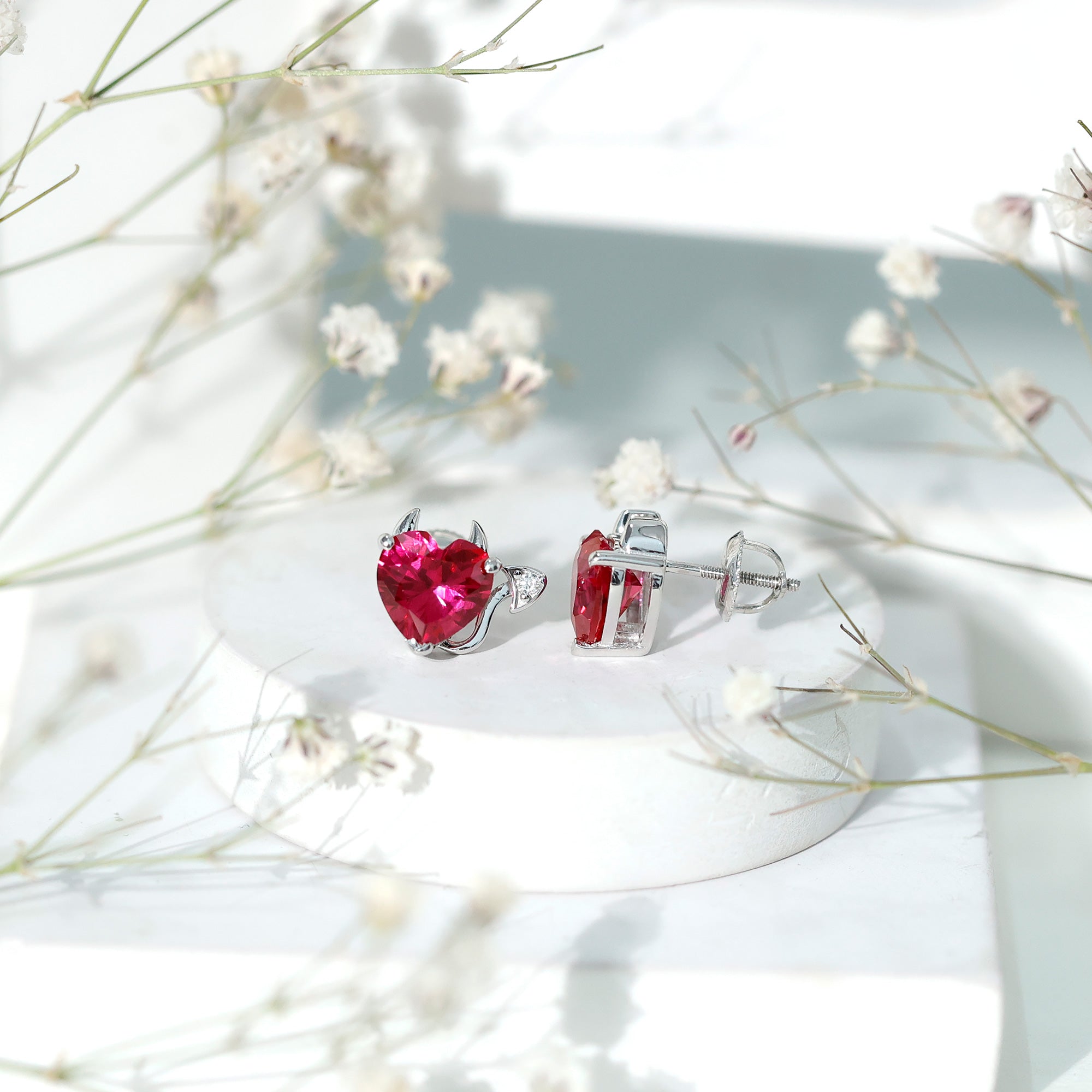 Certified 4 Carat Lab Grown Ruby Devil Heart Stud Earrings AAAA 92.5 Sterling Silver - Rosec Jewels