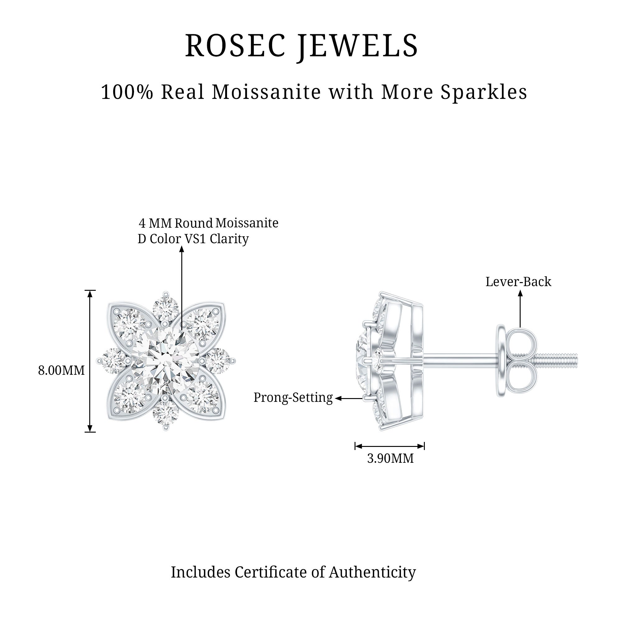 Certified Moissanite Floral Stud Earrings D-VS1 - Rosec Jewels