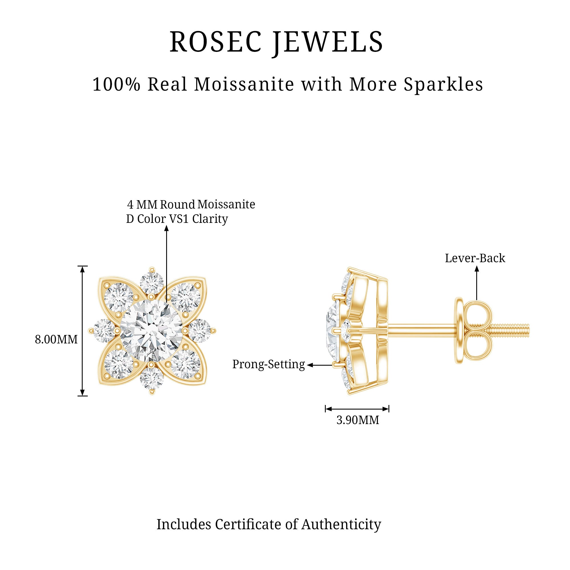 Certified Moissanite Floral Stud Earrings D-VS1 - Rosec Jewels