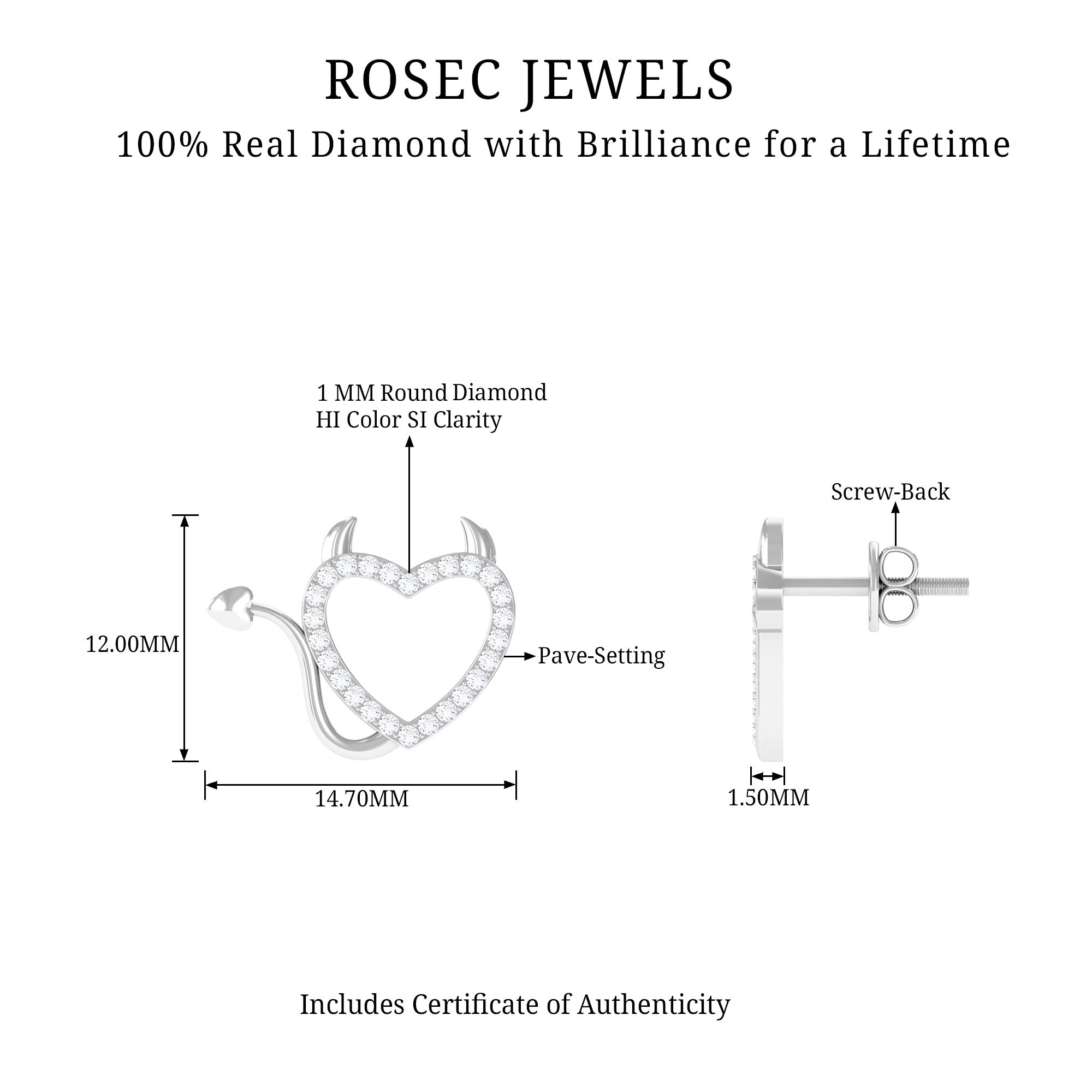 Round Diamond Devil Heart Earrings Natural - ( HI-SI ) - Rosec Jewels
