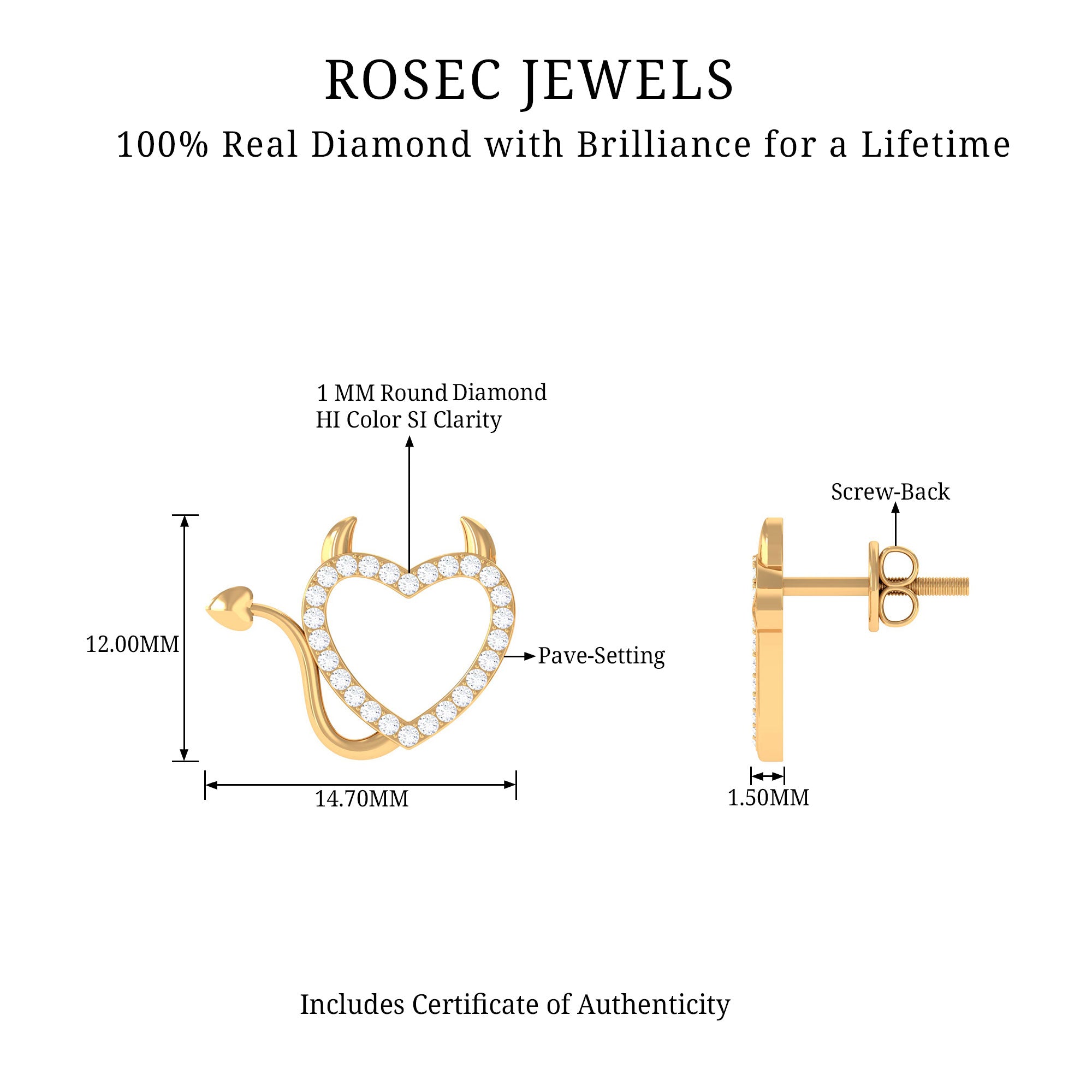 Rosec Jewels-1/4 CT Diamond Devil Heart Earrings in Gold