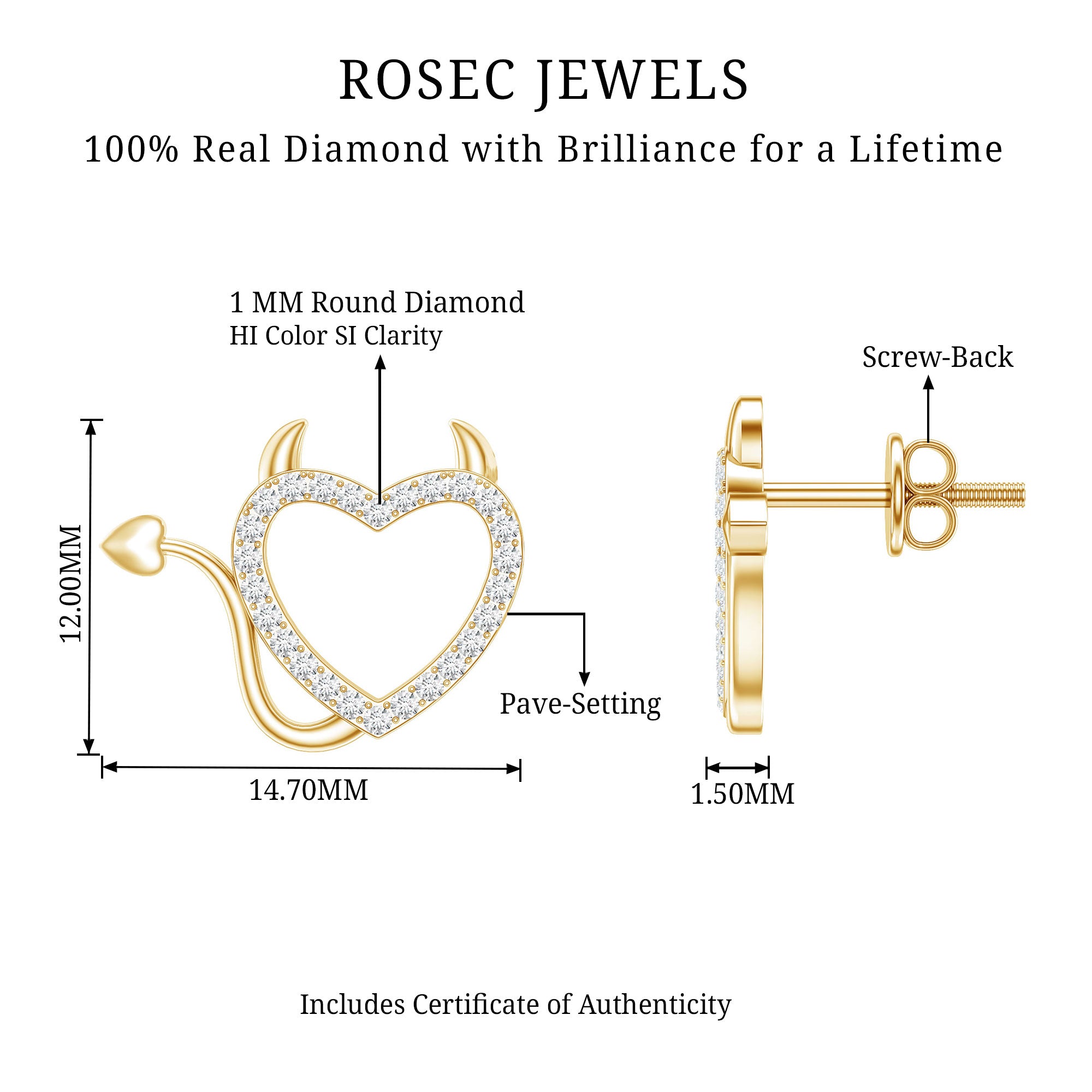 Round Diamond Devil Heart Earrings Natural - ( HI-SI ) - Rosec Jewels