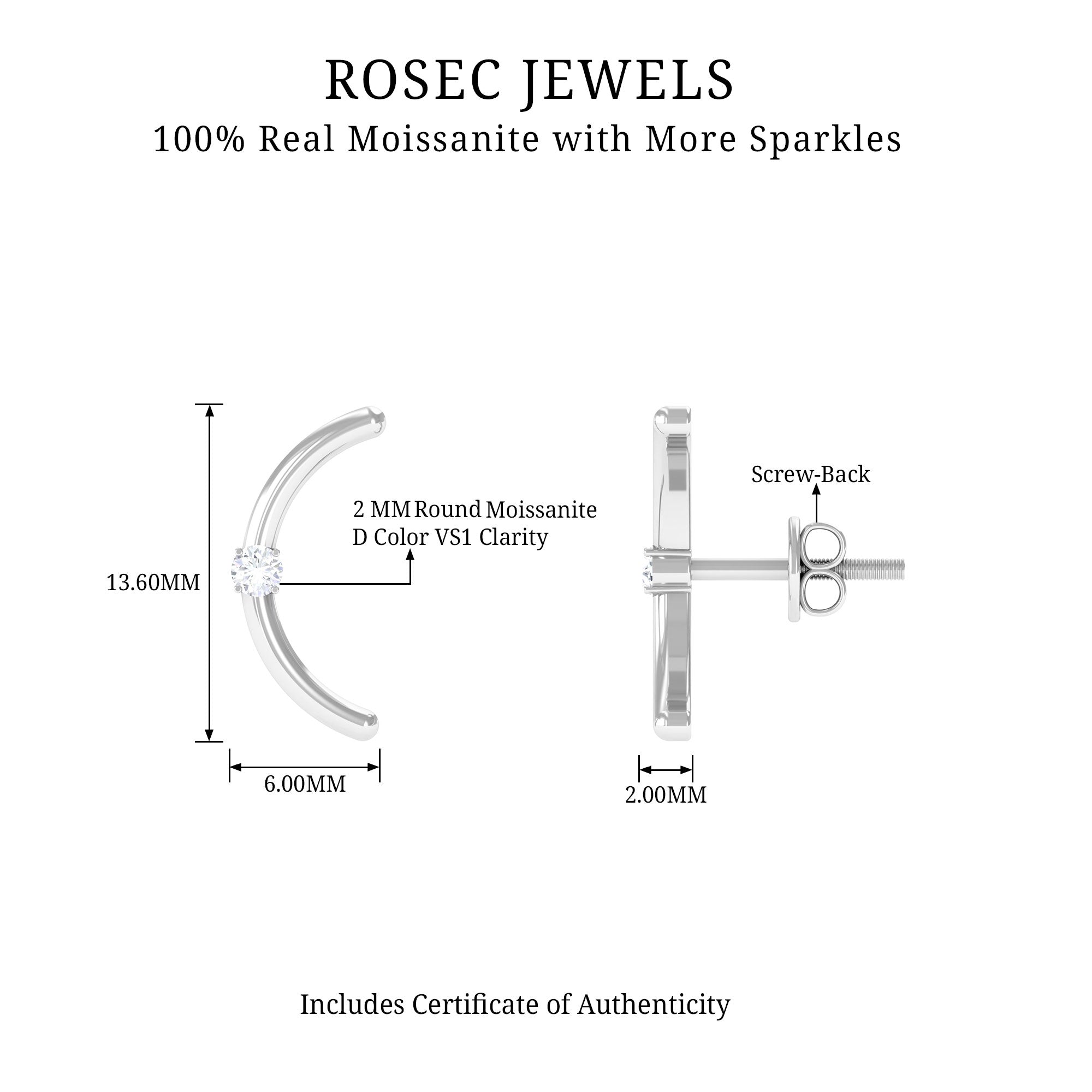 Certified Moissanite Curved Stud Earrings D-VS1 - Rosec Jewels