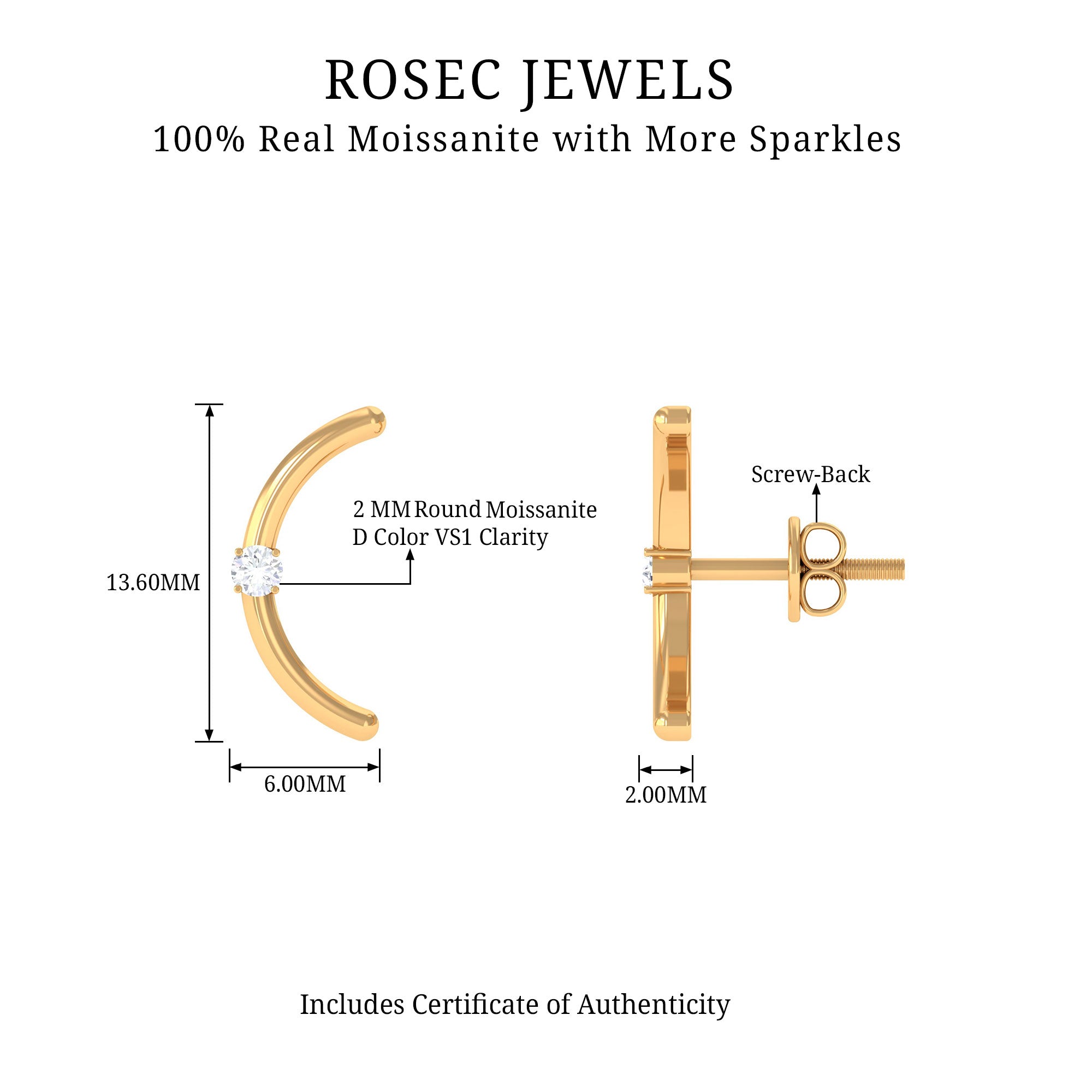 Certified Moissanite Curved Stud Earrings D-VS1 - Rosec Jewels