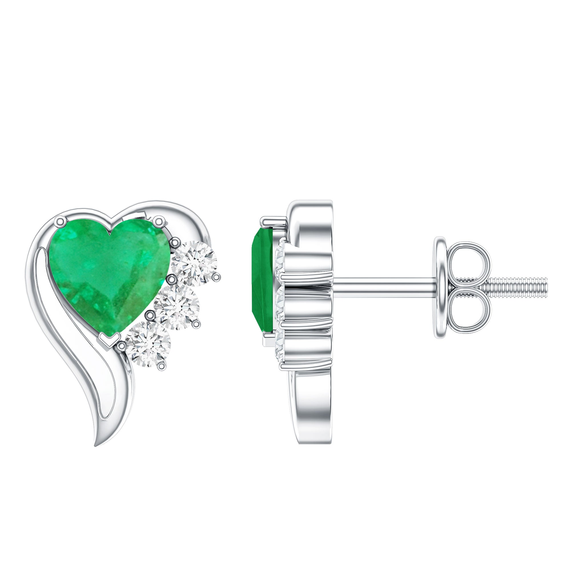 Real Emerald and Diamond Heart Stud Earrings AAA - Rosec Jewels