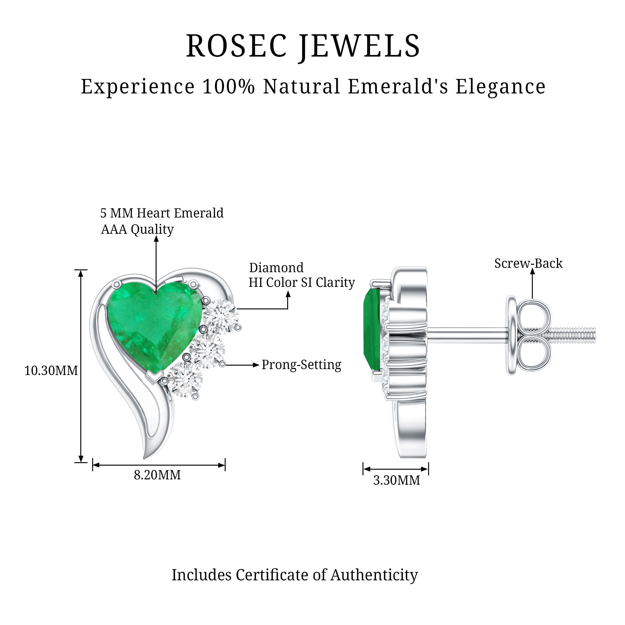 Real Emerald and Diamond Heart Stud Earrings AAA - Rosec Jewels